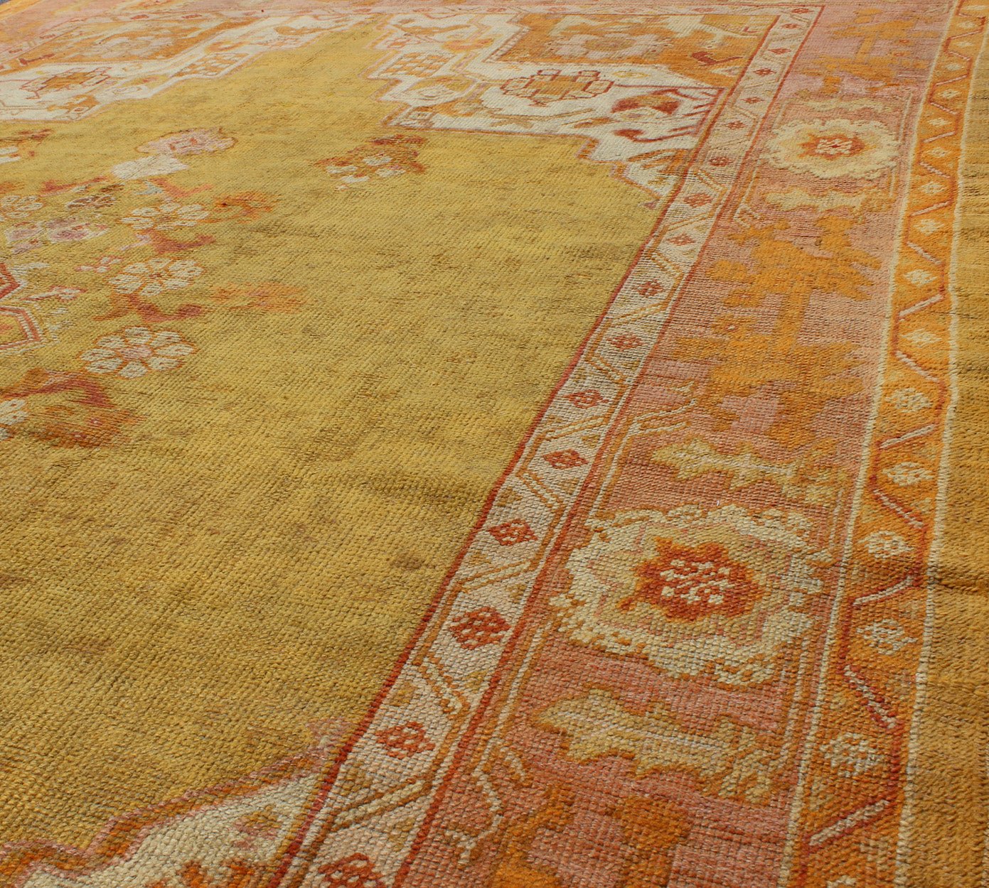 Antique Oushak Rug in Yellow Green Background, Pink Border, Red & Orange Accents. Antique Oushak rug in yellow green background, pink border, red and orange accents, Keivan Woven Arts/rug / H8 - 0403, Green antique Oushak Measures: 7'10 x... - Keivan Woven ArtsH8 - 0403 - 1867Rug