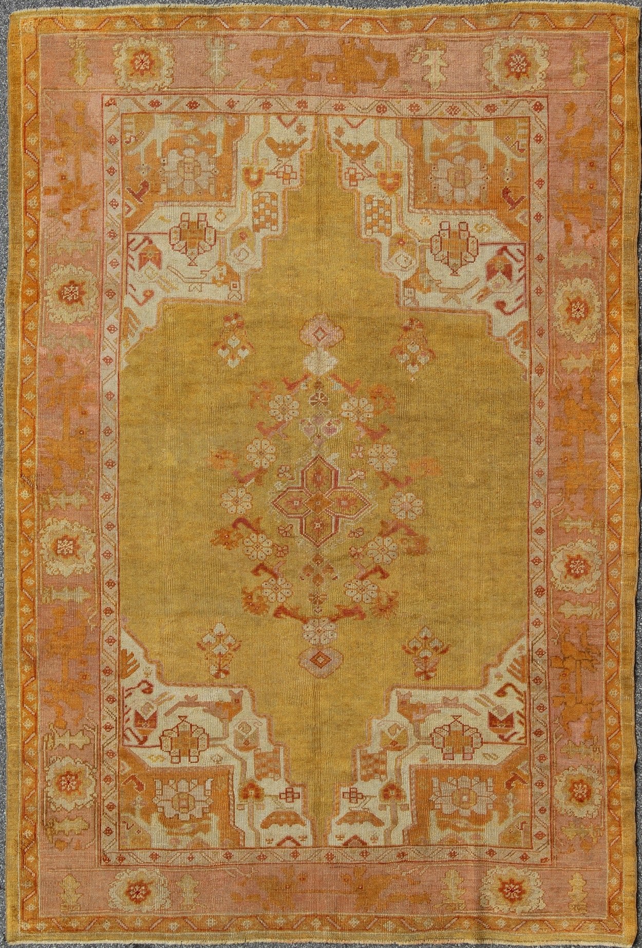 Antique Oushak Rug in Yellow Green Background, Pink Border, Red & Orange Accents. Antique Oushak rug in yellow green background, pink border, red and orange accents, Keivan Woven Arts/rug / H8 - 0403, Green antique Oushak Measures: 7'10 x... - Keivan Woven ArtsH8 - 0403 - 1867Rug