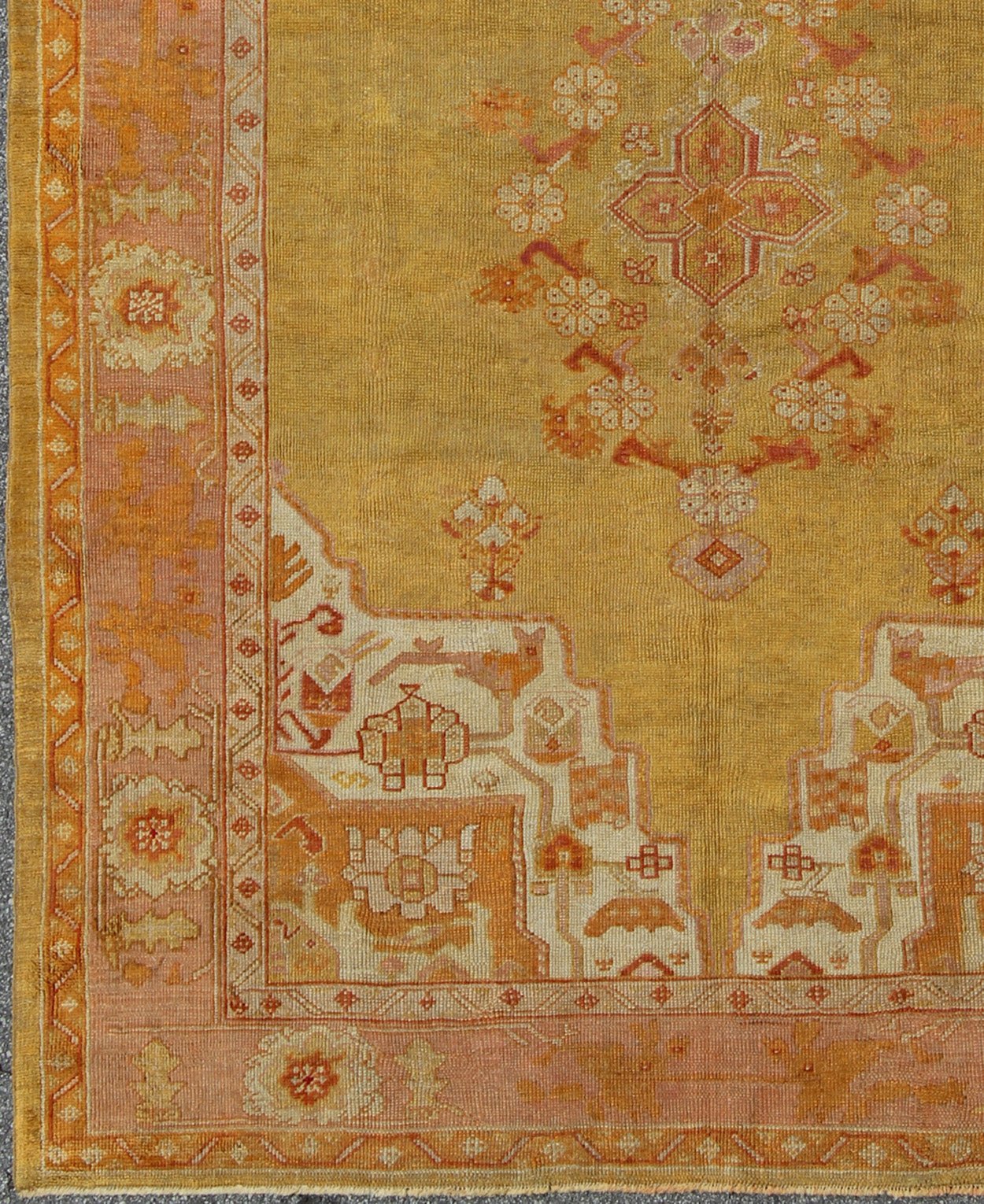 Antique Oushak Rug in Yellow Green Background, Pink Border, Red & Orange Accents. Antique Oushak rug in yellow green background, pink border, red and orange accents, Keivan Woven Arts/rug / H8 - 0403, Green antique Oushak Measures: 7'10 x... - Keivan Woven ArtsH8 - 0403 - 1867Rug