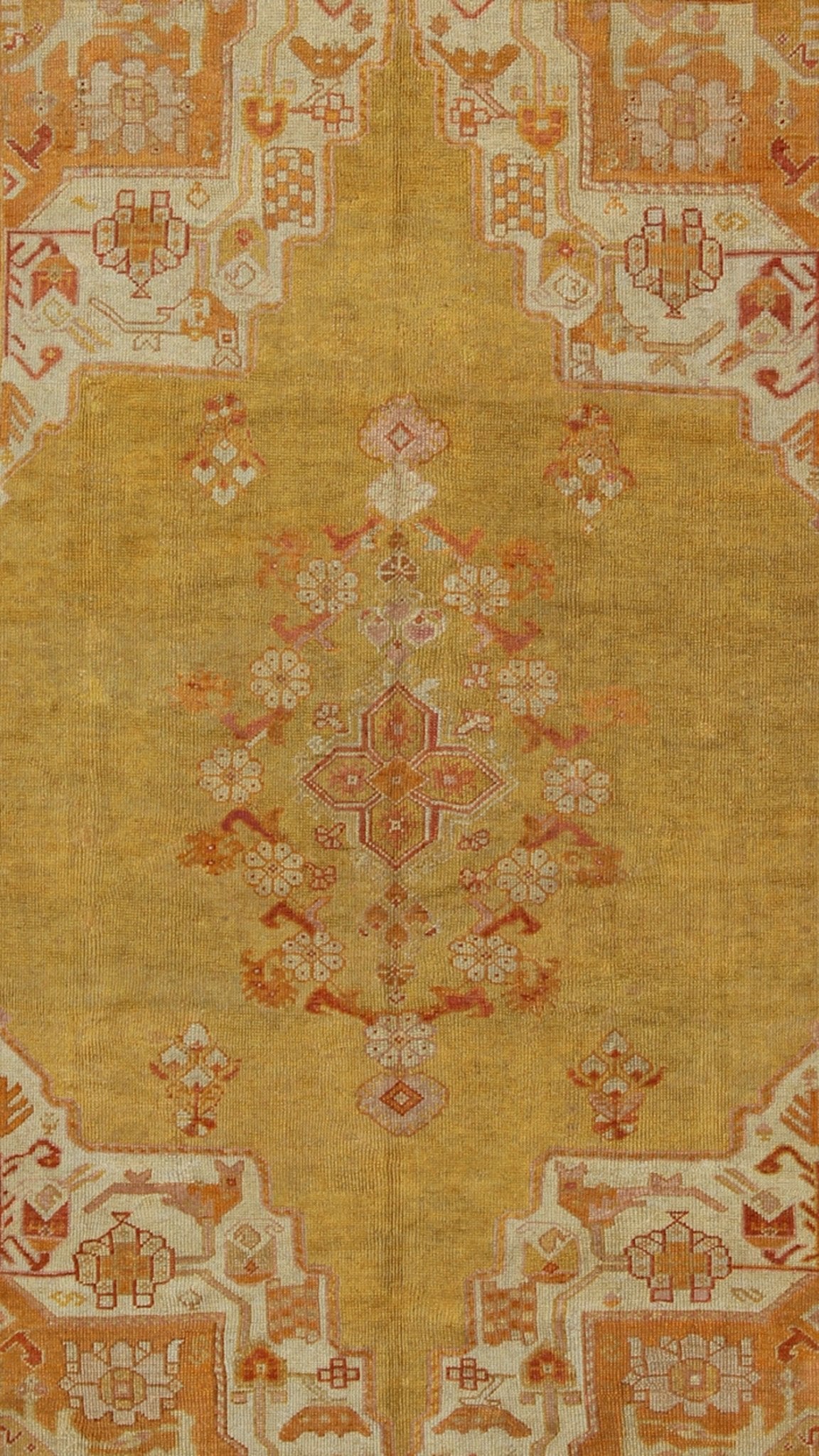 Antique Oushak Rug in Yellow Green Background, Pink Border, Red & Orange Accents. Antique Oushak rug in yellow green background, pink border, red and orange accents, Keivan Woven Arts/rug / H8 - 0403, Green antique Oushak Measures: 7'10 x... - Keivan Woven ArtsH8 - 0403 - 1867Rug