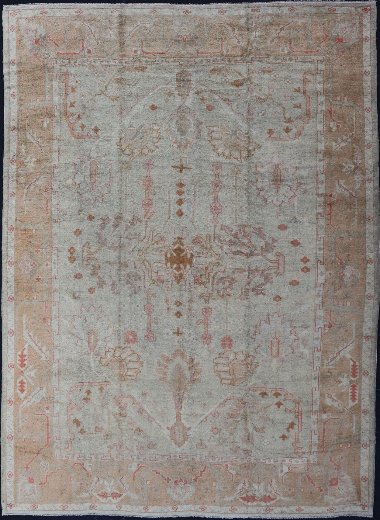 Antique Turkish Oushak Rug in Taupe, Light Green and Light Copper. kwarugs, Keivan Woven Arts rug/H8 - 0702. 19th century antique Oushak. Light color antique Oushak Measures: 10' x 14'1. This stunning classic antique Turkish Oushak from the... - Keivan Woven ArtsH8 - 0702 - 1799Rug