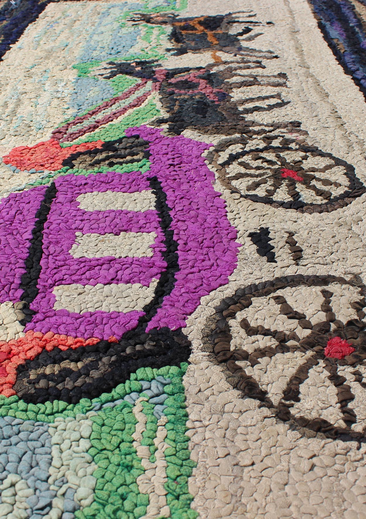 Pictorial Antique American Hooked Rug Horse & Buggy in multi colors, American Hooked Rug, Hooked rug pictorial rug, tapestry. Purple, black, orange, Green, brown and light tones in this antique American hooked rug with horse and buggy, rug H8 - 11... - Keivan Woven ArtsH8 - 1104 - 1542Rug