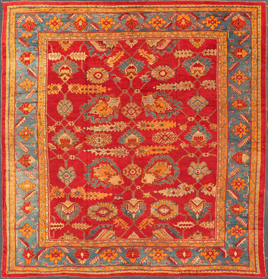 Traditional Design Antique Turkish Oushak Rug in Red, Blue and Marigold. Keivan Woven Arts / Rug / HAS - 3326 / country of origin / type: Turkey / Oushak, circa 1910. Measures: 11'7 x 12'5. This brilliant antique Turkish Oushak rug displays a glor... - Keivan Woven ArtsHAS - 3326 - 4170