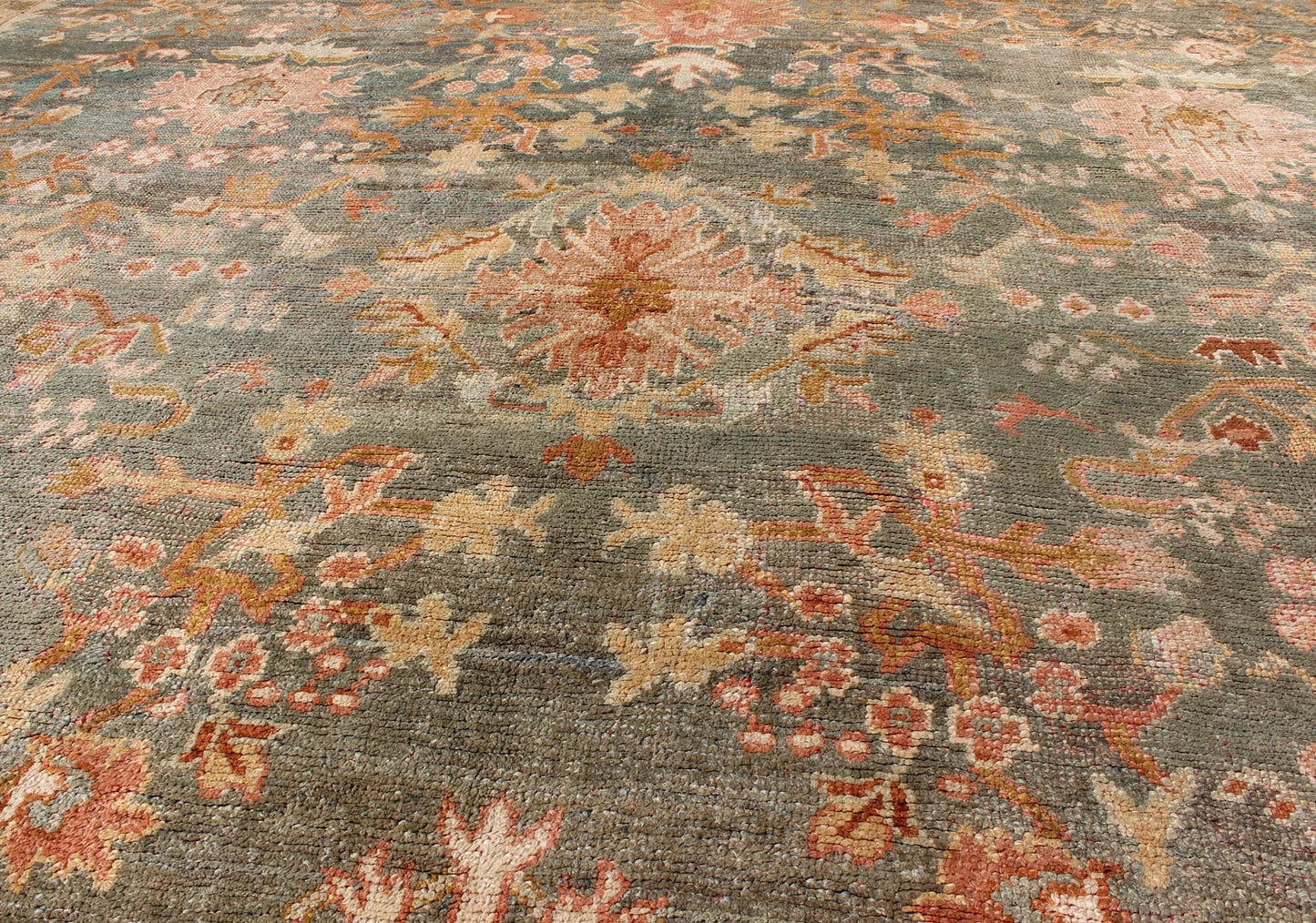 Wide and Large Antique Oushak Rug. Wide Antique Oushak Rug with with Floral Design in Variegated Green & Teal background and soft Terracotta red. Rug / HS - KB - 200, Wide Oushak antique wide Turkish Decorative Oushak antique. This magnificently lar... - Keivan Woven ArtsHS - KB - 200 - 1805Rug