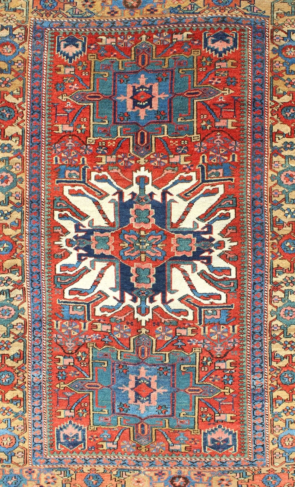 Antique Persian Karajeh - Serapi with Tribal Design Measures: 4'7'' x 6'10''. Established with luxurious jewel tones, this finely woven antique Serapi - Karajeh carpet from Persia is a striking piece. It is engagingly accented with a brilliant ta... - Keivan Woven ArtsI - 0501 - 2639Rug