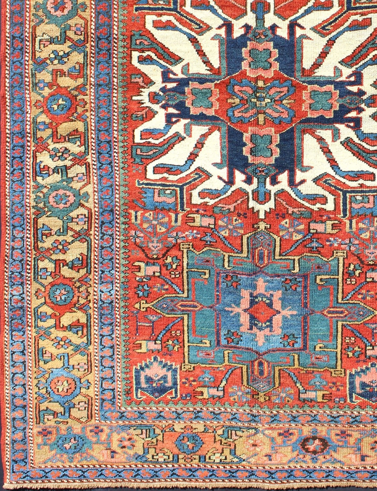 Antique Persian Karajeh - Serapi with Tribal Design Measures: 4'7'' x 6'10''. Established with luxurious jewel tones, this finely woven antique Serapi - Karajeh carpet from Persia is a striking piece. It is engagingly accented with a brilliant ta... - Keivan Woven ArtsI - 0501 - 2639Rug