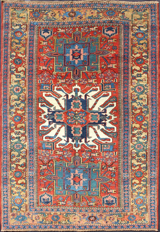 Antique Persian Karajeh - Serapi with Tribal Design Measures: 4'7'' x 6'10''. Established with luxurious jewel tones, this finely woven antique Serapi - Karajeh carpet from Persia is a striking piece. It is engagingly accented with a brilliant ta... - Keivan Woven ArtsI - 0501 - 2639