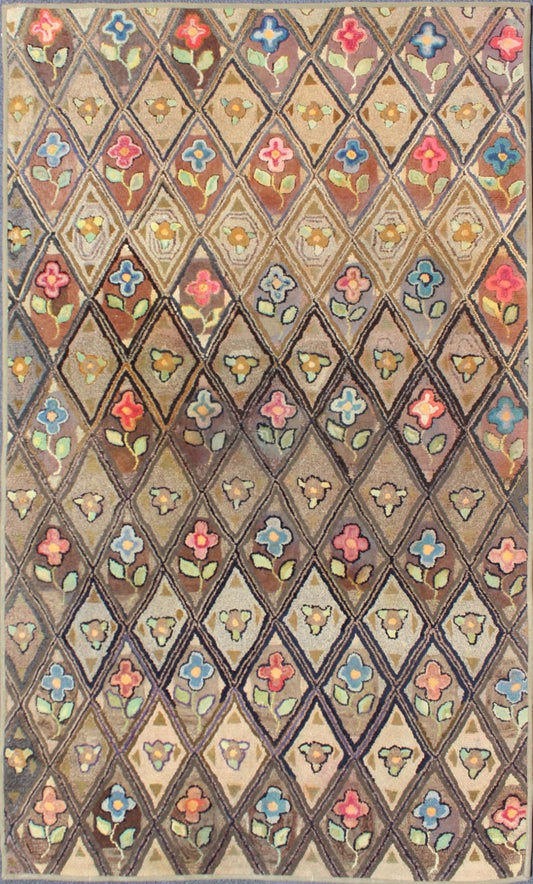 Antique American Hooked Rug with Diamond Patchwork Floral Design Antique American Hooked Rug with Diamond Patchwork Floral Design, rug i - 0701, country of origin / type: United States / Hooked, circa 1890 Ingenious in style, color and comp... - Keivan Woven ArtsI - 0701 - 1530