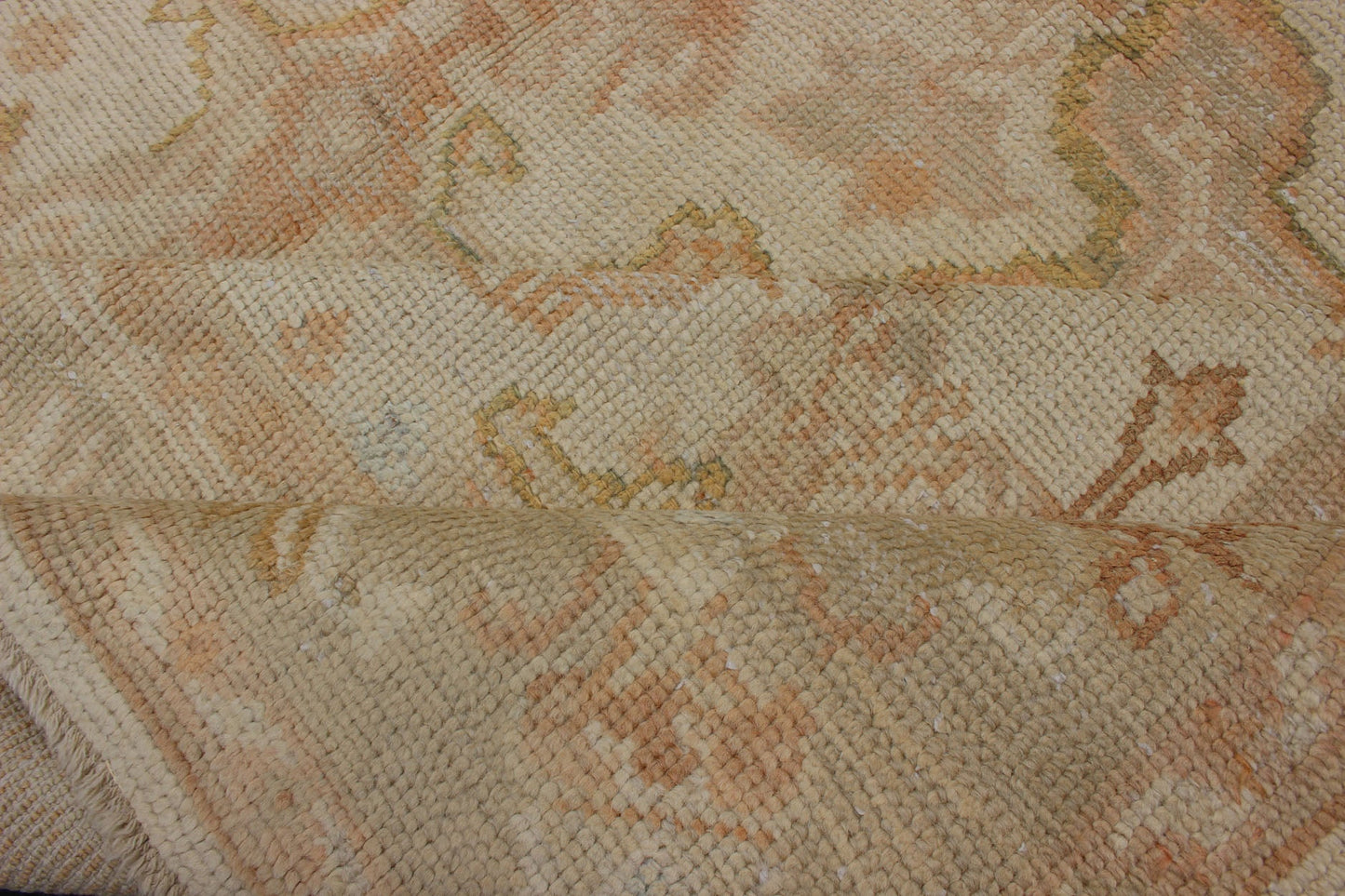 Antique Turkish Hand Knotted Oushak Rug in Taupe, Beige, Green and Copper Antique Oushak rug in taupe, beige, green copper, peach, muted brown, Keivan Woven Arts / rug / I - 1003. Antique Oushak rug Measures: 8'3 x 12'10. This antiqu... - Keivan Woven ArtsI - 1003 - 1857Rug