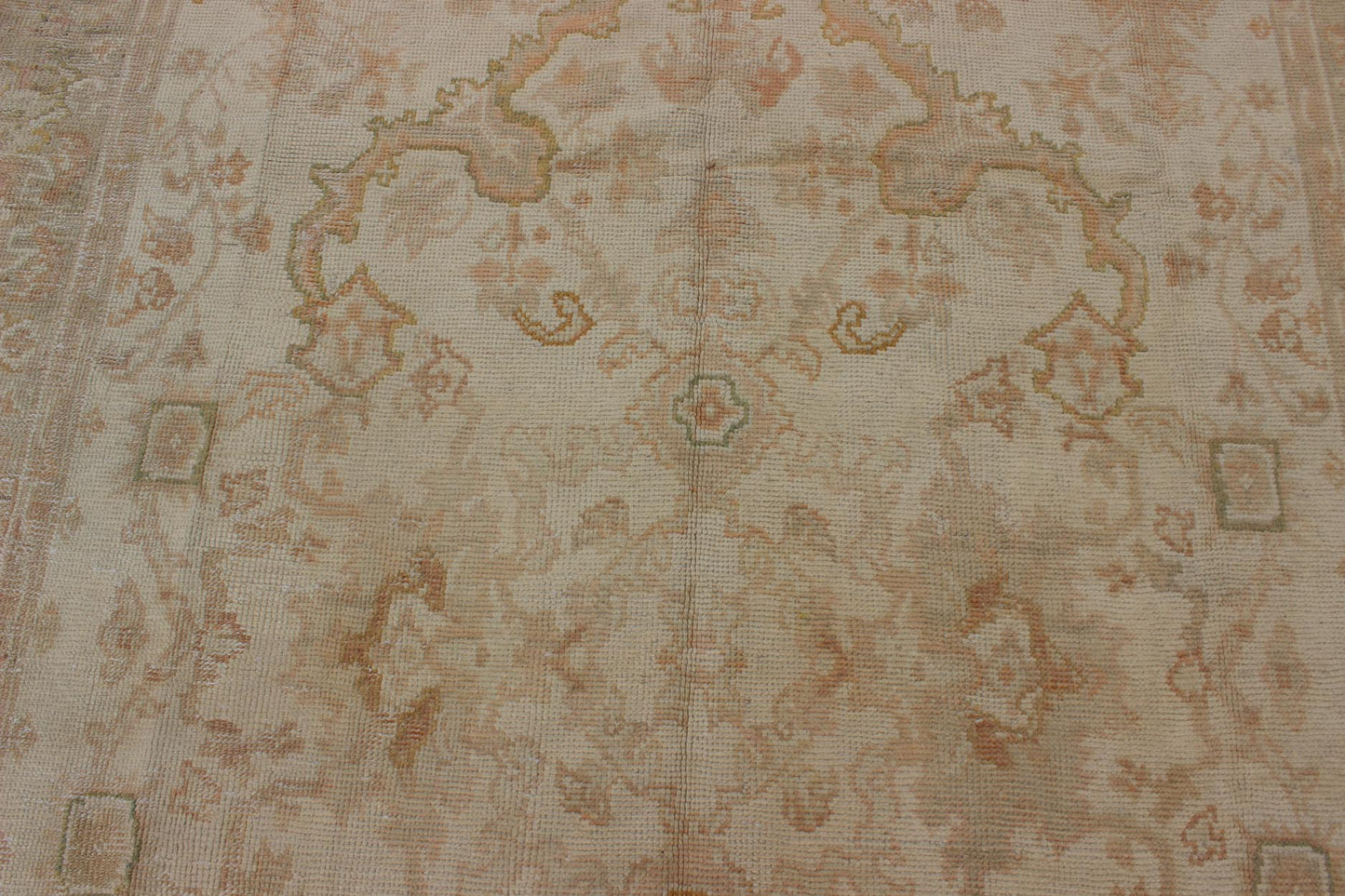 Antique Turkish Hand Knotted Oushak Rug in Taupe, Beige, Green and Copper Antique Oushak rug in taupe, beige, green copper, peach, muted brown, Keivan Woven Arts / rug / I - 1003. Antique Oushak rug Measures: 8'3 x 12'10. This antiqu... - Keivan Woven ArtsI - 1003 - 1857Rug