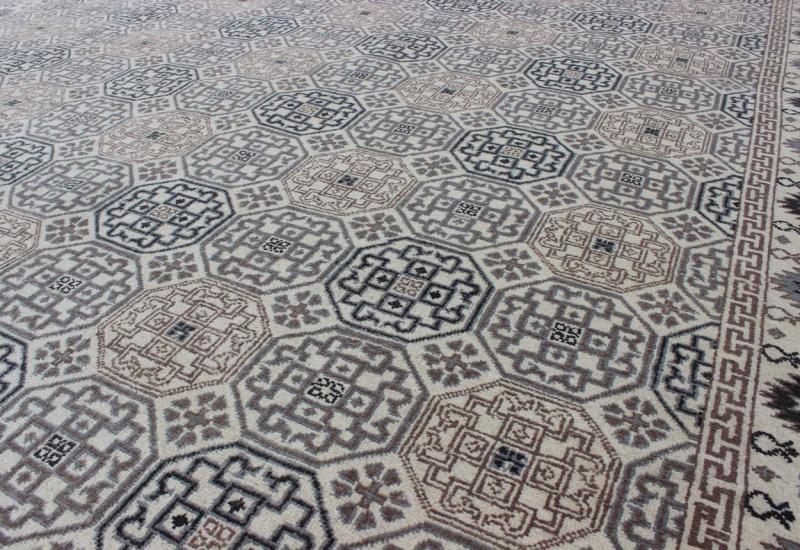 Vintage Afghan Khotan Rug. Measures: 8'2 X 10'3. This Gorgeous Vintage Afghan Khotan Rug features an all - over repeating geometric design with and exquisite border. The blend of natural colors in shades of brown, grey and pastels give this rug a w... - Keivan Woven ArtsIN - BAM - 59078 - 8289Rug