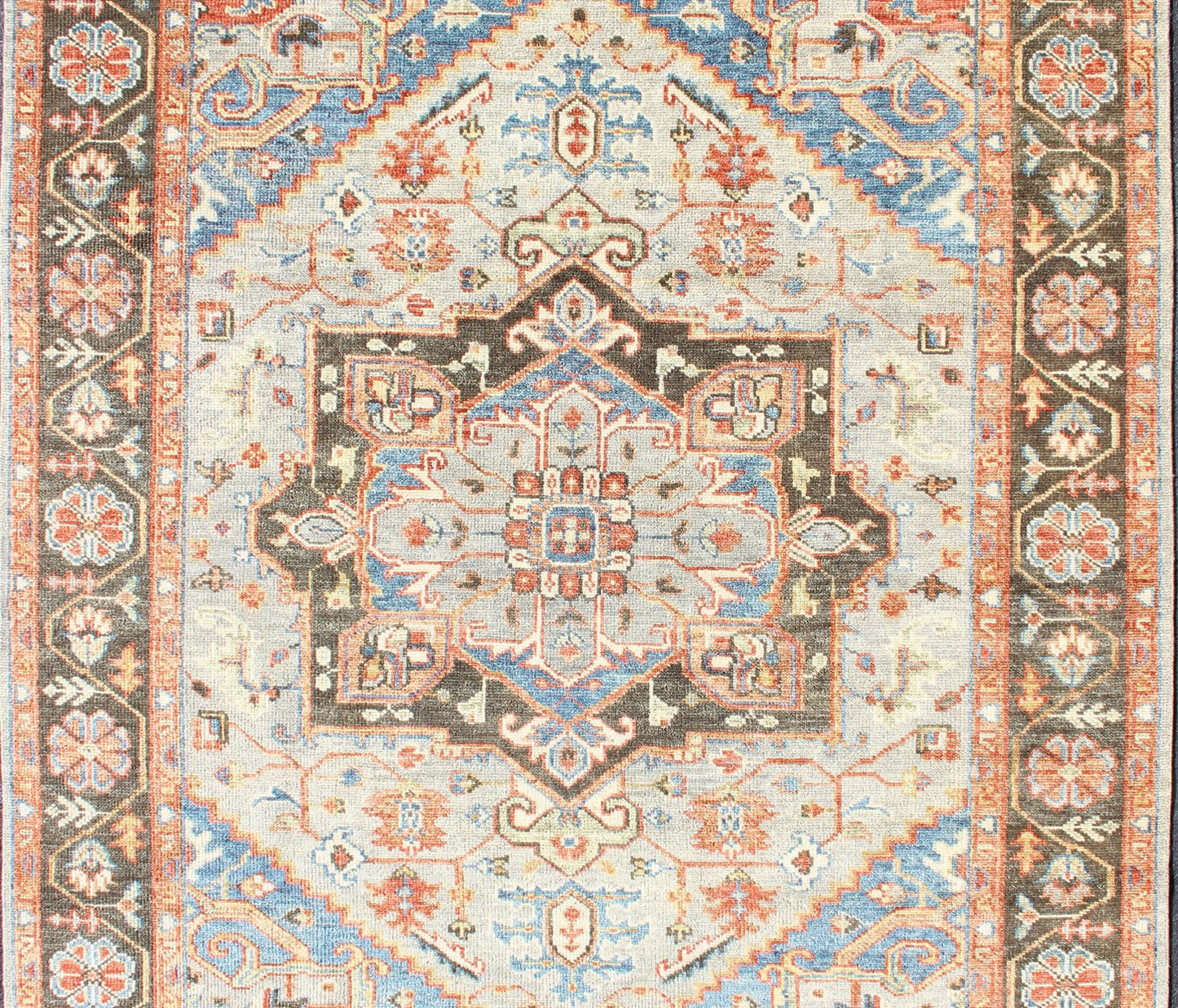 Indian Hand - Knotted Medallion Heriz in Cocoa, Denim, and Red Measures 8'6 x 11'10 Country of Origin: India; Type: Heriz; Design; Floral Border, Floral Medallion, Diamond Medallion; Keivan Woven Arts: rug IN - CPL - DM294; Indian Hand - Knotted... - Keivan Woven ArtsIN - CPL - DM294 - 13450Rug