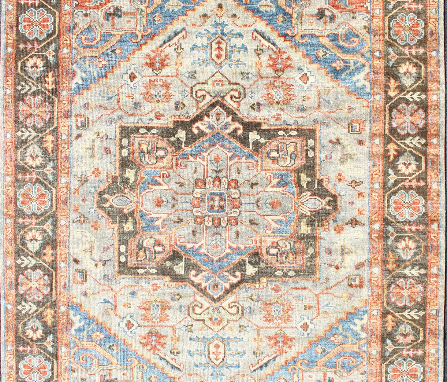 Indian Hand - Knotted Medallion Heriz in Cocoa, Denim, and Red Measures 8'6 x 11'10 Country of Origin: India; Type: Heriz; Design; Floral Border, Floral Medallion, Diamond Medallion; Keivan Woven Arts: rug IN - CPL - DM294; Indian Hand - Knotted... - Keivan Woven ArtsIN - CPL - DM294 - 13450Rug