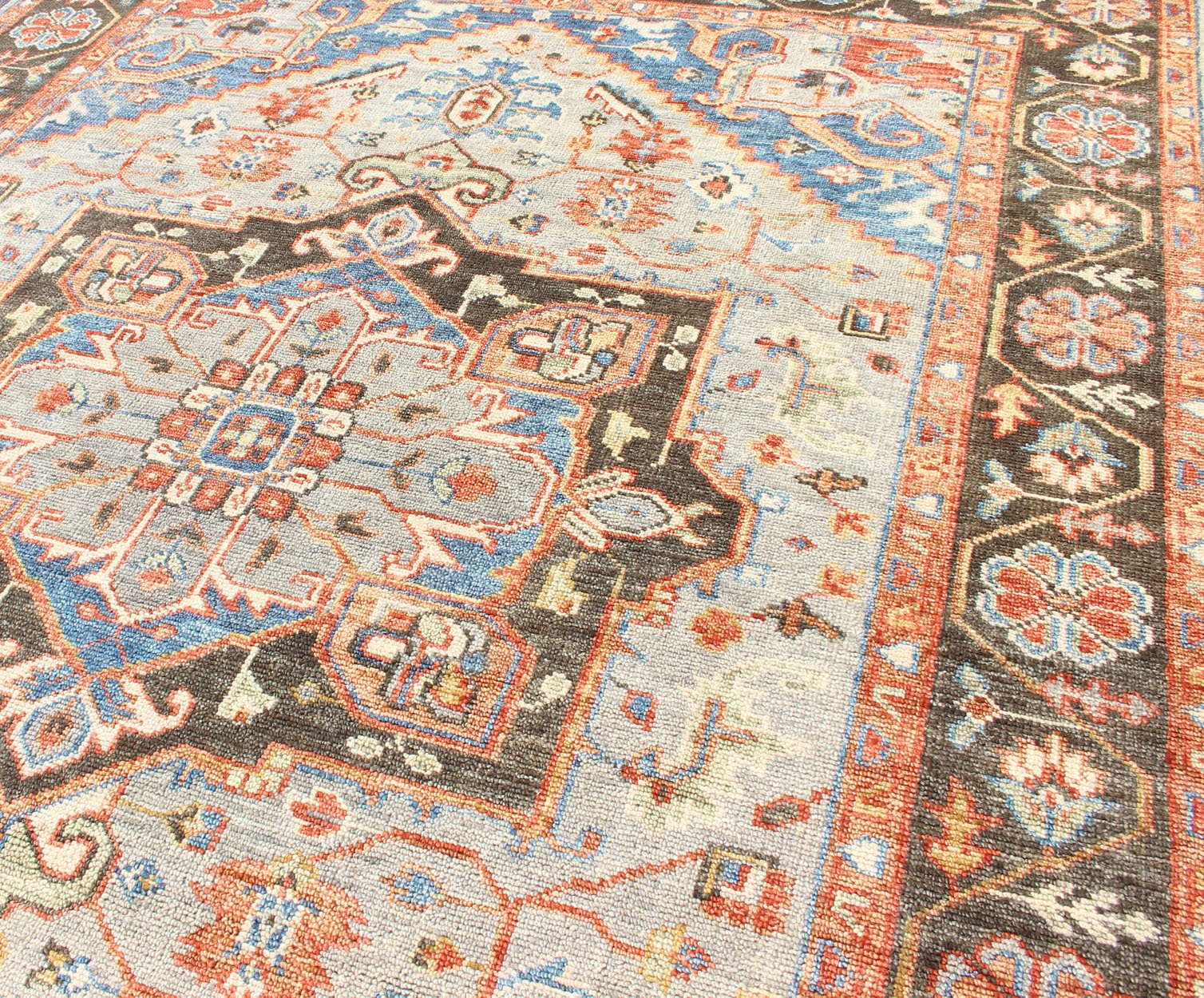 Indian Hand - Knotted Medallion Heriz in Cocoa, Denim, and Red Measures 8'6 x 11'10 Country of Origin: India; Type: Heriz; Design; Floral Border, Floral Medallion, Diamond Medallion; Keivan Woven Arts: rug IN - CPL - DM294; Indian Hand - Knotted... - Keivan Woven ArtsIN - CPL - DM294 - 13450Rug