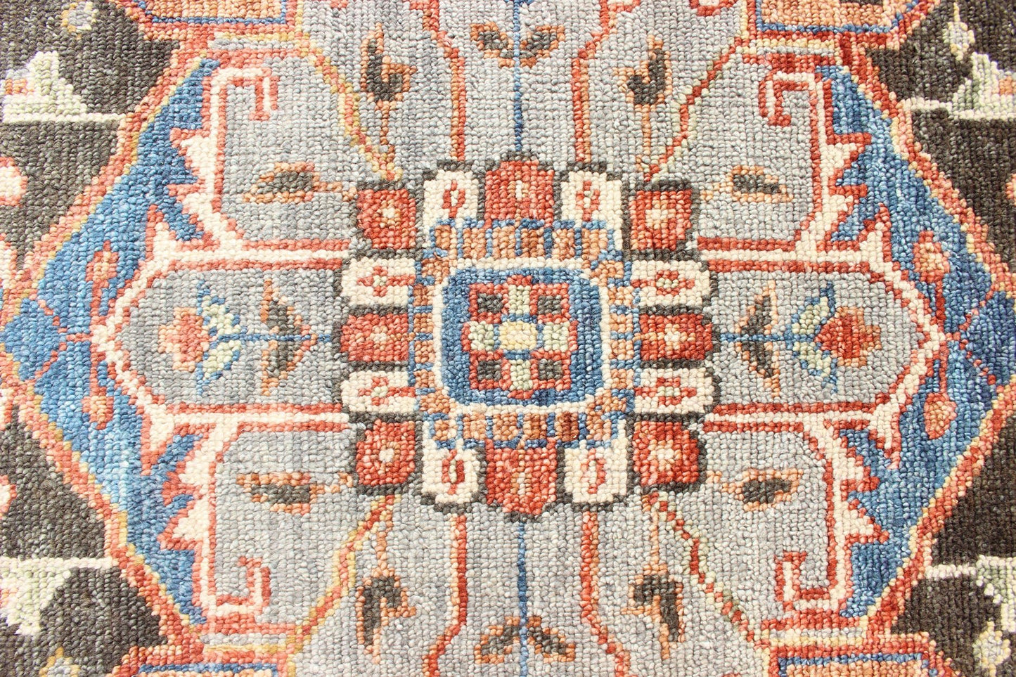 Indian Hand - Knotted Medallion Heriz in Cocoa, Denim, and Red Measures 8'6 x 11'10 Country of Origin: India; Type: Heriz; Design; Floral Border, Floral Medallion, Diamond Medallion; Keivan Woven Arts: rug IN - CPL - DM294; Indian Hand - Knotted... - Keivan Woven ArtsIN - CPL - DM294 - 13450Rug