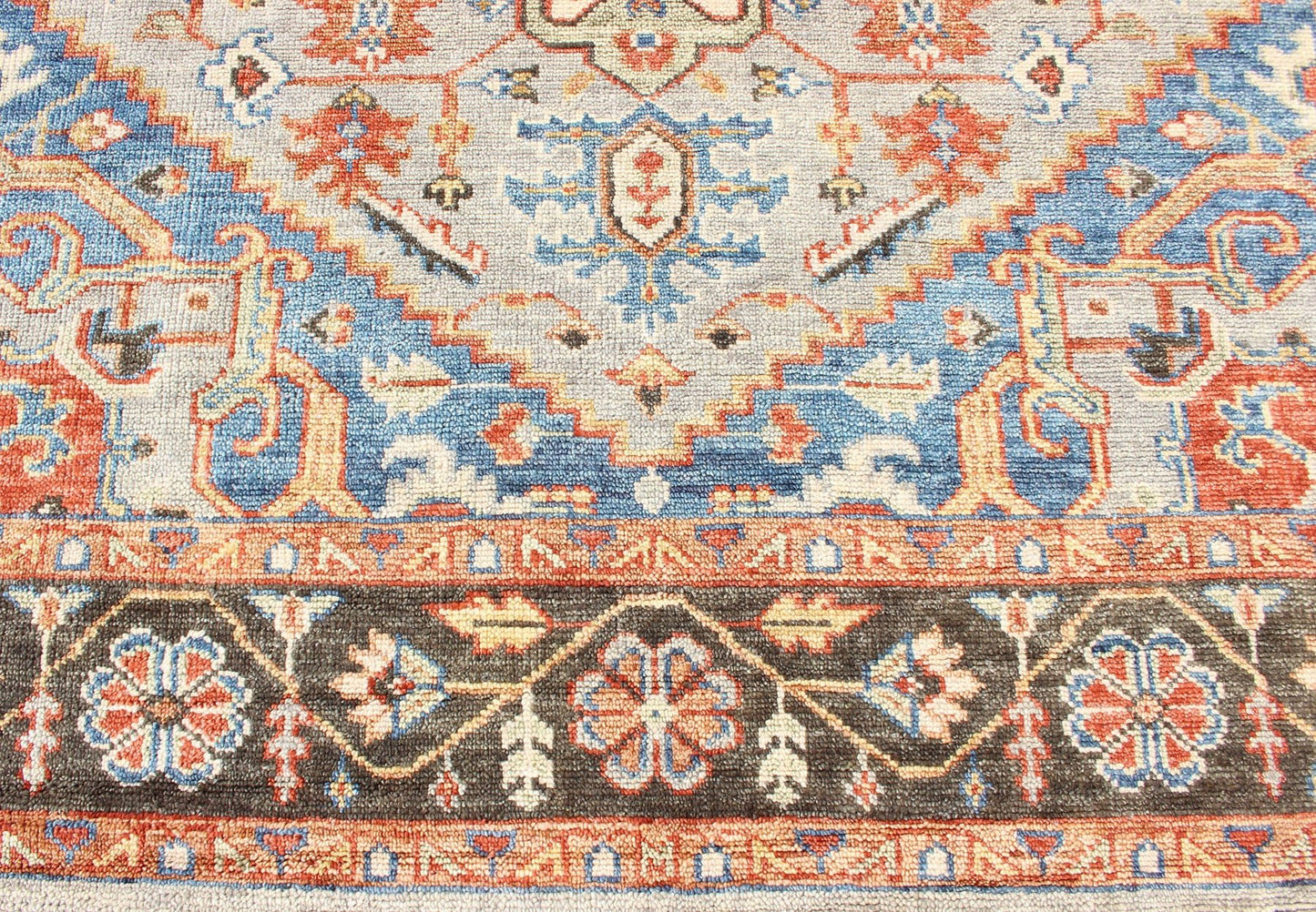 Indian Hand - Knotted Medallion Heriz in Cocoa, Denim, and Red Measures 8'6 x 11'10 Country of Origin: India; Type: Heriz; Design; Floral Border, Floral Medallion, Diamond Medallion; Keivan Woven Arts: rug IN - CPL - DM294; Indian Hand - Knotted... - Keivan Woven ArtsIN - CPL - DM294 - 13450Rug