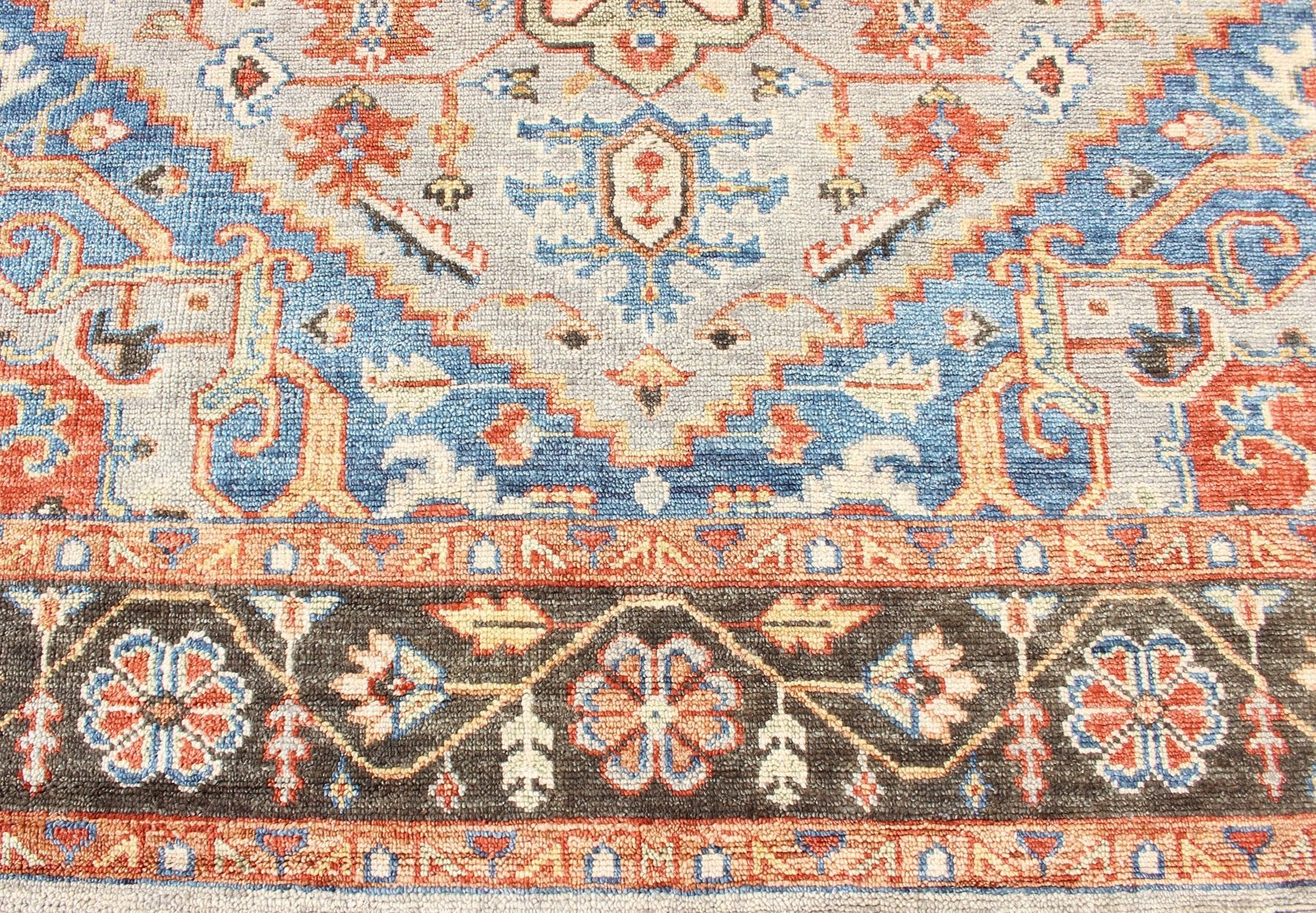 Indian Hand - Knotted Medallion Heriz in Cocoa, Denim, and Red Measures 8'6 x 11'10 Country of Origin: India; Type: Heriz; Design; Floral Border, Floral Medallion, Diamond Medallion; Keivan Woven Arts: rug IN - CPL - DM294; Indian Hand - Knotted... - Keivan Woven ArtsIN - CPL - DM294 - 13450Rug