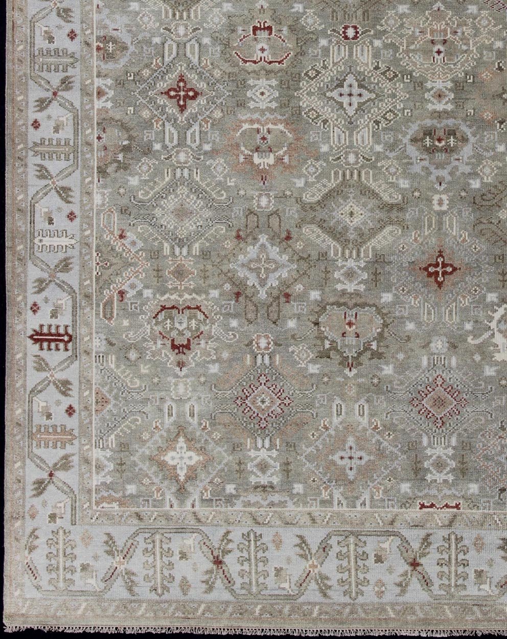 Modern Oushak Tribal Designed Rug in Greens, Tan, Lt. Blue, and Rusty Red Oushak rug with rust, greens, lt. blue, and neutral color palette and all - over tribal design. Keivan Woven Arts / rug IN - EXP - 103, country of origin / type: India/ Oushak ... - Keivan Woven ArtsIN - EXP - 103 - 12026Rug