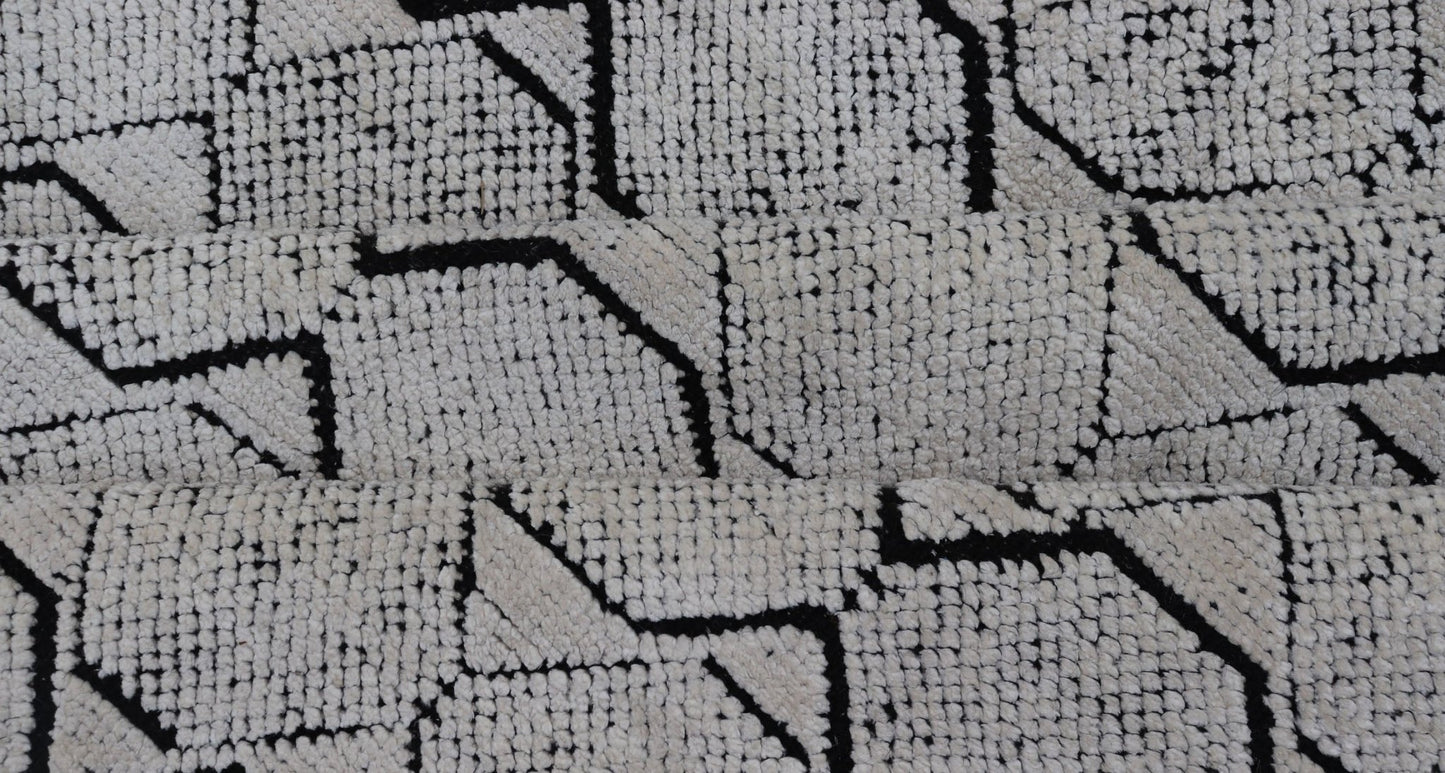 Indian Modern Geometric & Minimal Design Area Rug in Ivory and Black Measures 6'1 x 9'2 The design is a minimalistic, repeating pattern of octagons and triangles in black and ivory paneling the entire face horizontally. With a less - is - m... - Keivan Woven ArtsIN - ILM - 162 - 20988Rug