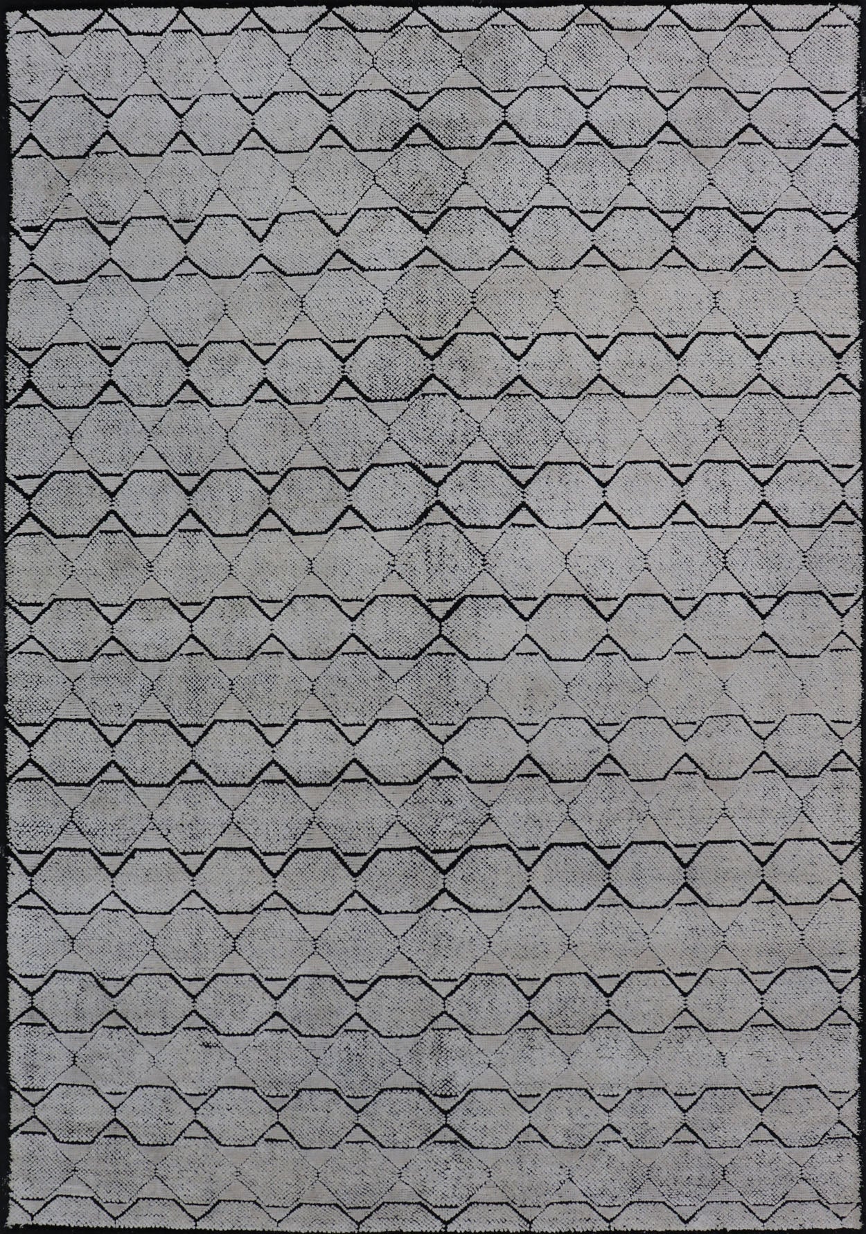 Indian Modern Geometric & Minimal Design Area Rug in Ivory and Black Measures 6'1 x 9'2 The design is a minimalistic, repeating pattern of octagons and triangles in black and ivory paneling the entire face horizontally. With a less - is - m... - Keivan Woven ArtsIN - ILM - 162 - 20988Rug
