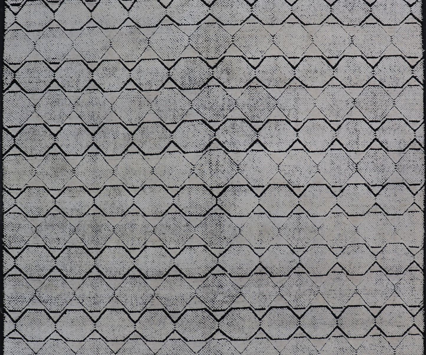 Indian Modern Geometric & Minimal Design Area Rug in Ivory and Black Measures 6'1 x 9'2 The design is a minimalistic, repeating pattern of octagons and triangles in black and ivory paneling the entire face horizontally. With a less - is - m... - Keivan Woven ArtsIN - ILM - 162 - 20988Rug