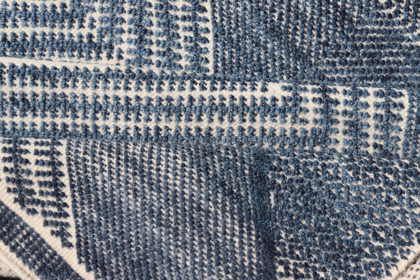 Modern Indian Area Rug with Tribal Design in Denim Blue and Ivory Measures 6'0 x 8'11 This elegant piece features a classic tribal stylization of vertical diamond medallions with a minimal twist. The medallions have a more modern de... - Keivan Woven ArtsIN - ILM - 165 - CB - 4018 - 20922