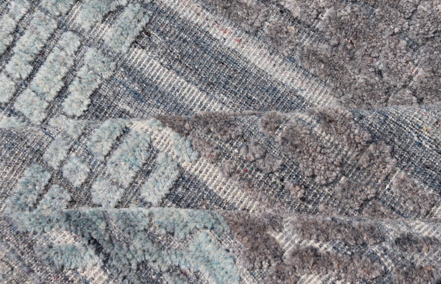 Modern Abstract Rug With Contemporary Design in Blue and Grey's Measures 4 x 5'1 The field's background is a blend light grey's, striping down the face horizontally. The design sets about the field, with a higher pile, making an textured... - Keivan Woven ArtsIN - ILM - 166 - JMS - 26A - 20928Rug