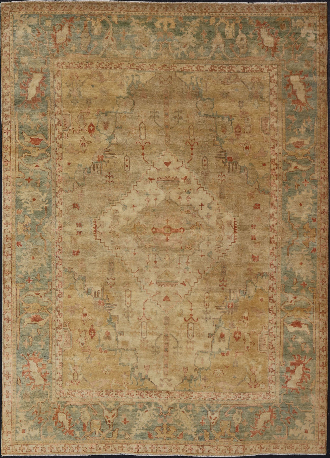 Oversized Hand - Knotted Tribal Diamond Oushak in Tan and Green Tones Measures 10'3 x 14'3 Country of Origin: India; Type: Oushak; Design: All - Over, Medallion; Keivan Woven Arts: rug IN - JVD - 6017; Oversized Hand - Knotted Tribal Diamond O... - Keivan Woven ArtsIN - JVD - 6017 - 15438Rug