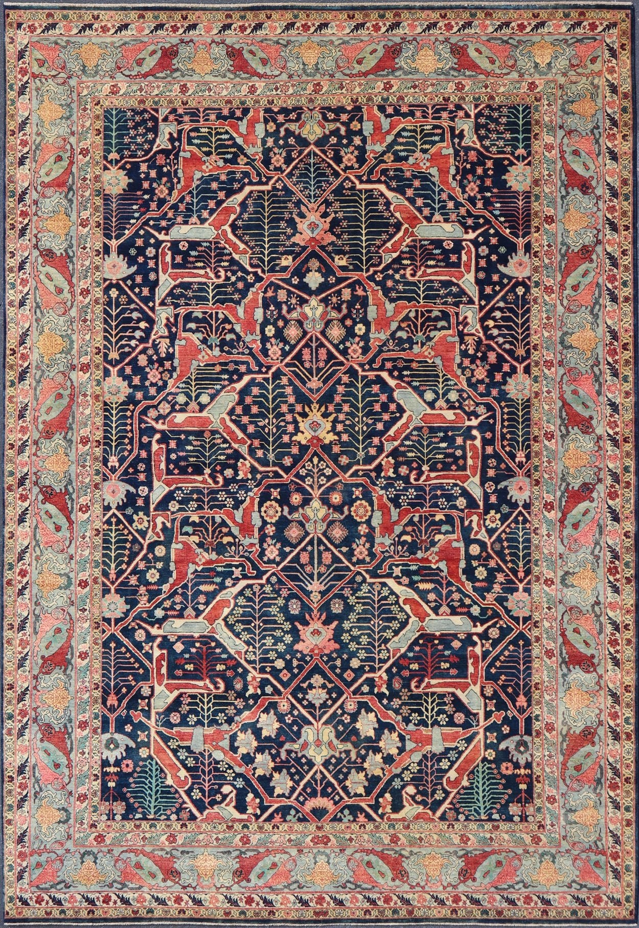 Large Modern Indian Wool Bidjar Rug in Blues, Reds, and Pinks Measures 10'0 x 14'1 Country of Origin: India; Type: Bidjar; Design: All - Over, Floral; Keivan Woven Arts: rug IN - JVD - 6023; Large Modern Indian Wool Bidjar Rug in Blues, Re... - Keivan Woven ArtsIN - JVD - 6023 - 15454
