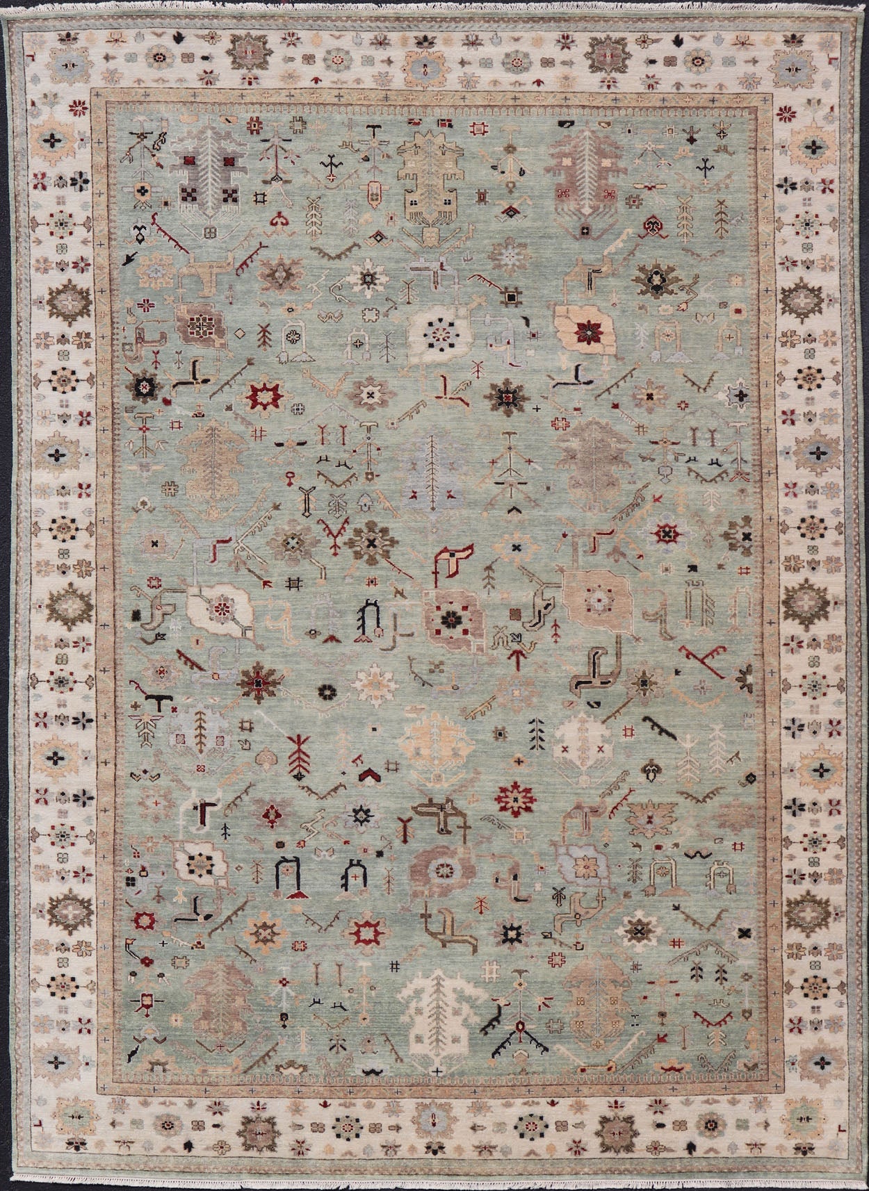 Indian Hand - Knotted Wool Oushak Rug in Turquoise, Cream, and Red Measures 9'11 x 13'6 Country of Origin: India; Type: Oushak; Design: All - Over, Floral; Keivan Woven Arts: rug IN - PRA - 1114; Indian Hand - Knotted Wool Oushak Rug in Tur... - Keivan Woven ArtsIN - PRA - 1114 - 15434Rug