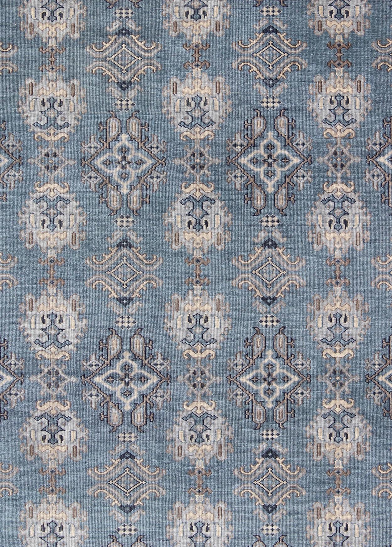 Blue and Brown Hand - Knotted Indian Wool Oushak Area Rug With All - Over Design Measures 7'11 x 9'9 Country of Origin: India; Type: Oushak; Design: All - Over, Floral; Keivan Woven Arts: IN - TVN - 101; Blue and Taupe Hand - Knotted Indian Wool Ous... - Keivan Woven ArtsIN - TVN - 101 - 9645Rug
