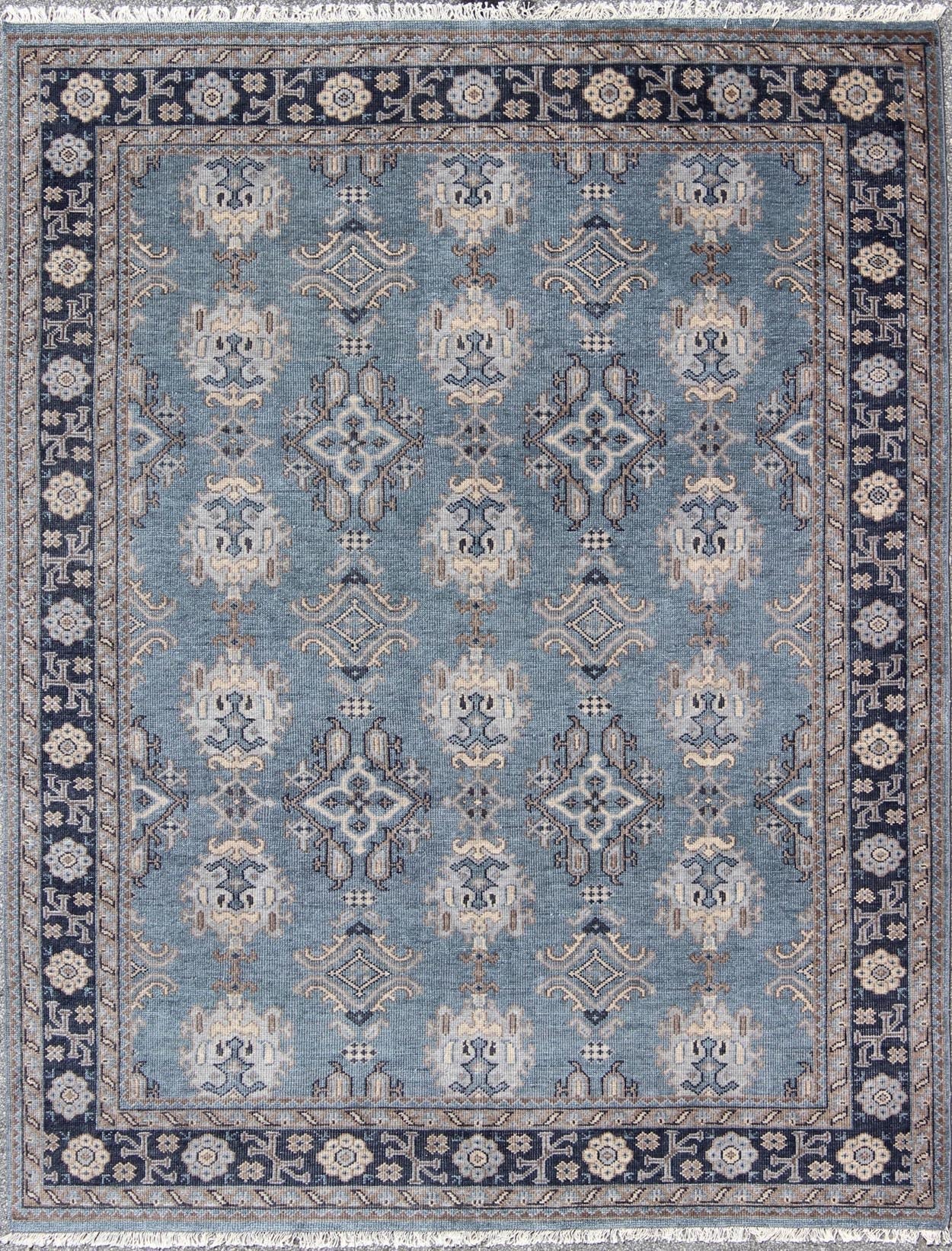 Blue and Brown Hand - Knotted Indian Wool Oushak Area Rug With All - Over Design Measures 7'11 x 9'9 Country of Origin: India; Type: Oushak; Design: All - Over, Floral; Keivan Woven Arts: IN - TVN - 101; Blue and Taupe Hand - Knotted Indian Wool Ous... - Keivan Woven ArtsIN - TVN - 101 - 9645