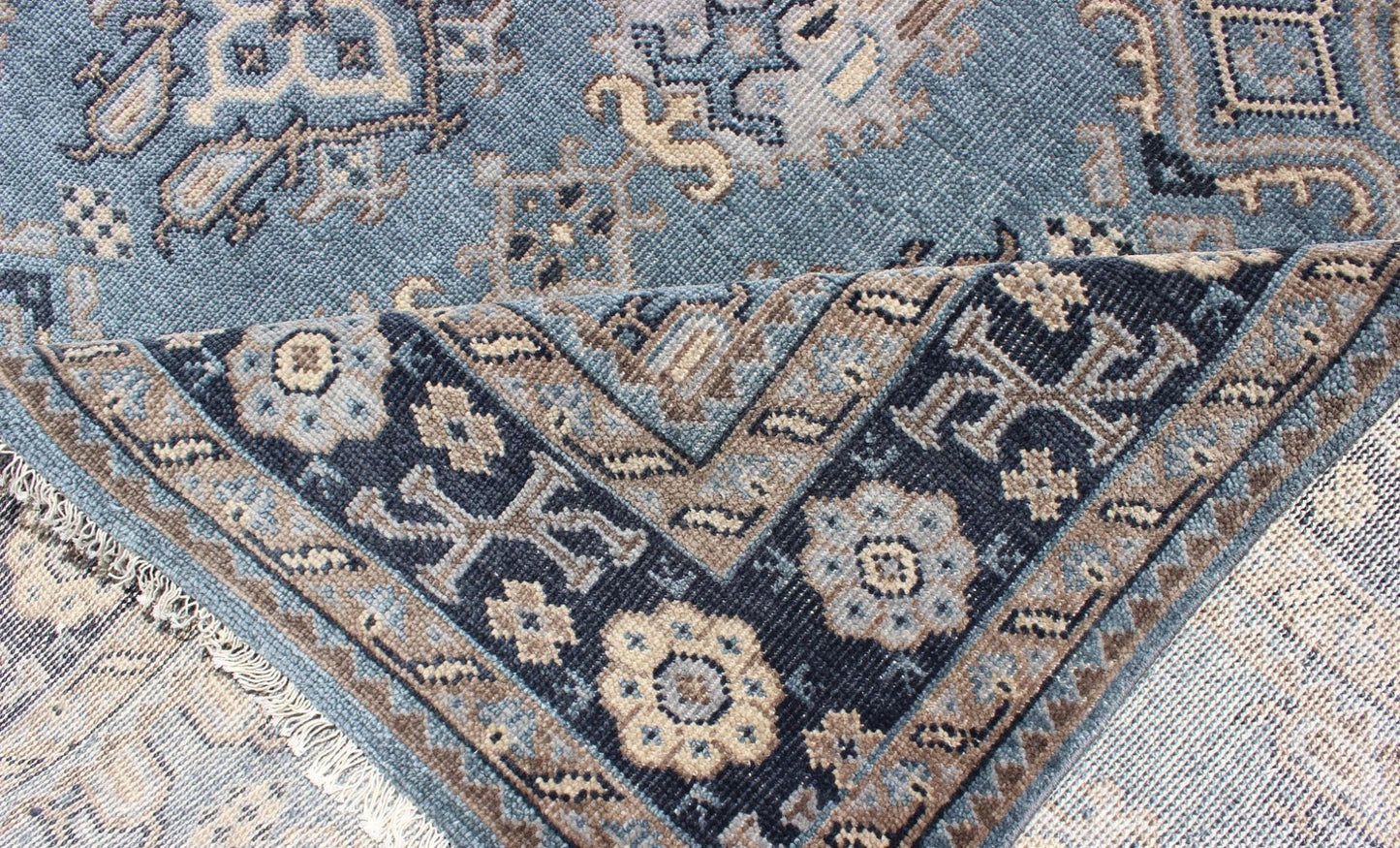 Blue and Brown Hand - Knotted Indian Wool Oushak Area Rug With All - Over Design Measures 7'11 x 9'9 Country of Origin: India; Type: Oushak; Design: All - Over, Floral; Keivan Woven Arts: IN - TVN - 101; Blue and Taupe Hand - Knotted Indian Wool Ous... - Keivan Woven ArtsIN - TVN - 101 - 9645Rug