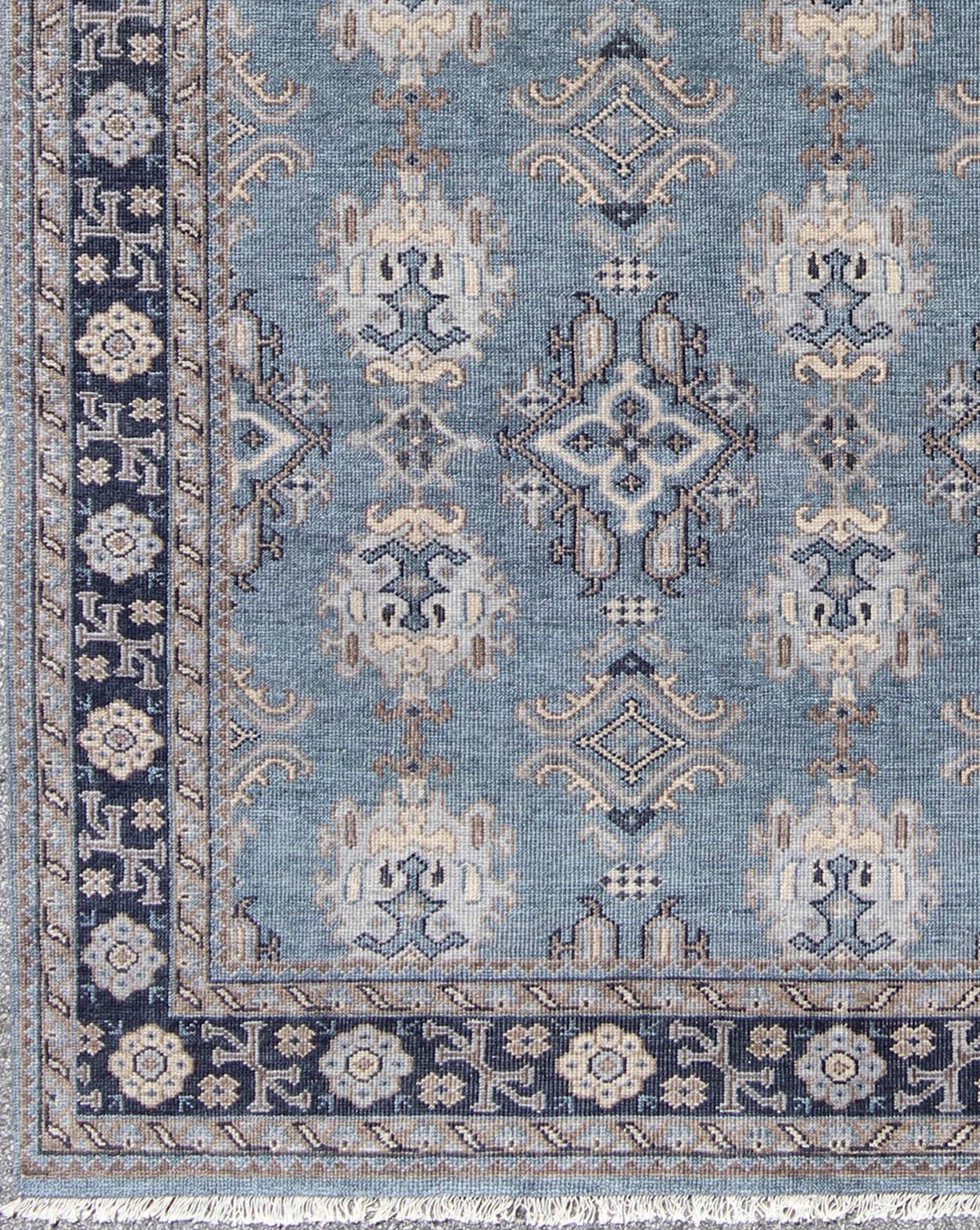 Blue and Brown Hand - Knotted Indian Wool Oushak Area Rug With All - Over Design Measures 7'11 x 9'9 Country of Origin: India; Type: Oushak; Design: All - Over, Floral; Keivan Woven Arts: IN - TVN - 101; Blue and Taupe Hand - Knotted Indian Wool Ous... - Keivan Woven ArtsIN - TVN - 101 - 9645Rug