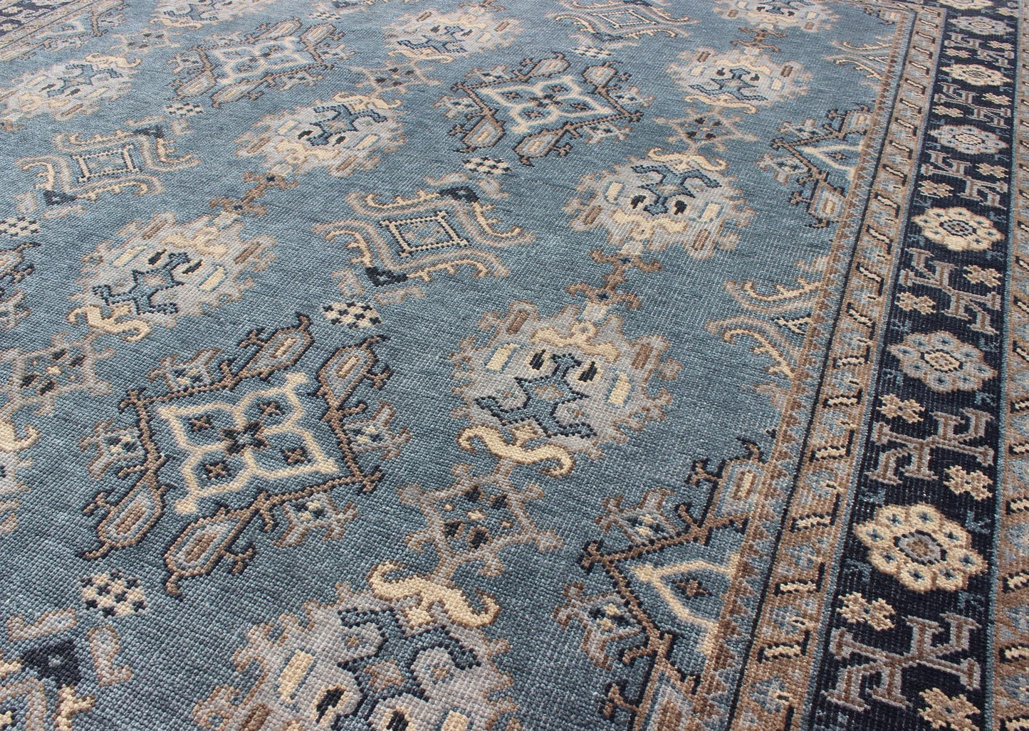 Blue and Brown Hand - Knotted Indian Wool Oushak Area Rug With All - Over Design Measures 7'11 x 9'9 Country of Origin: India; Type: Oushak; Design: All - Over, Floral; Keivan Woven Arts: IN - TVN - 101; Blue and Taupe Hand - Knotted Indian Wool Ous... - Keivan Woven ArtsIN - TVN - 101 - 9645Rug