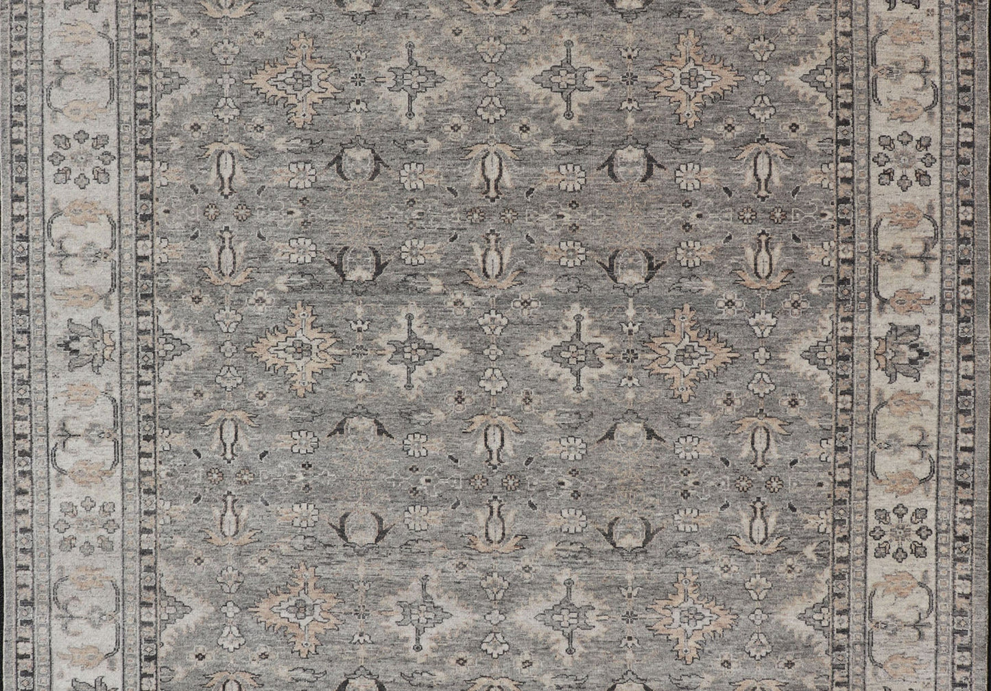 Large Faded Wool Indian Oushak Rug in Gray, Charcoal, and Light Taupe Measures 9'0 x 12'3 Country of Origin: India; Type: Oushak; Design: All - Over, Botanical, Floral; Keivan Woven Arts: rug IN - TVN - 1405; Large Faded Wool Indian Oushak ... - Keivan Woven ArtsIN - TVN - 1405 - 15470Rug