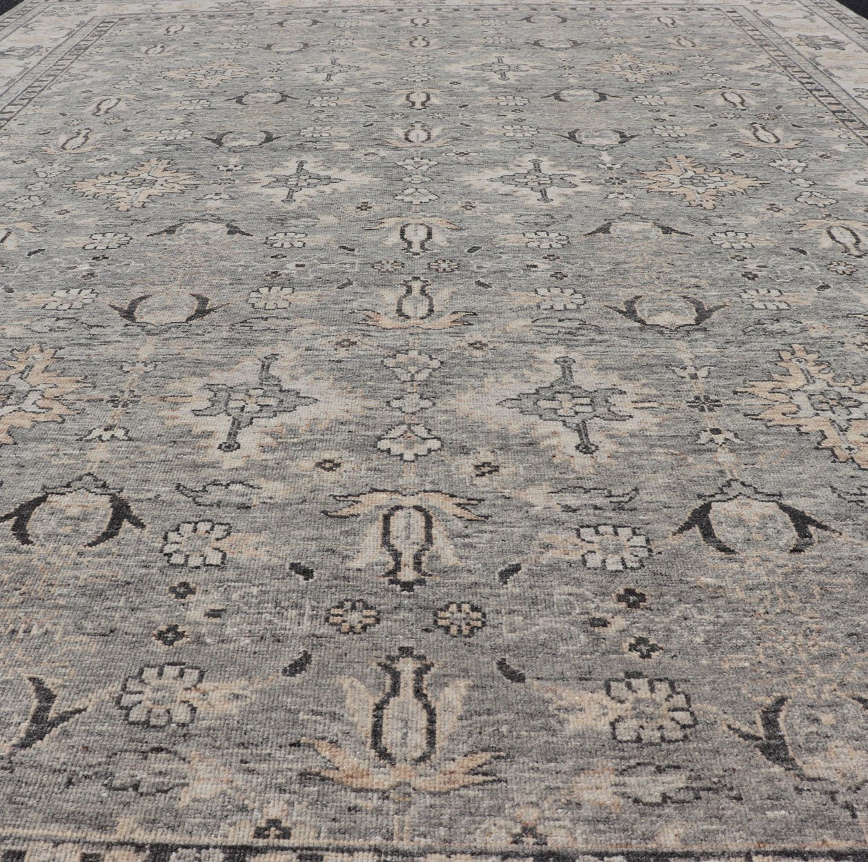 Large Faded Wool Indian Oushak Rug in Gray, Charcoal, and Light Taupe Measures 9'0 x 12'3 Country of Origin: India; Type: Oushak; Design: All - Over, Botanical, Floral; Keivan Woven Arts: rug IN - TVN - 1405; Large Faded Wool Indian Oushak ... - Keivan Woven ArtsIN - TVN - 1405 - 15470Rug