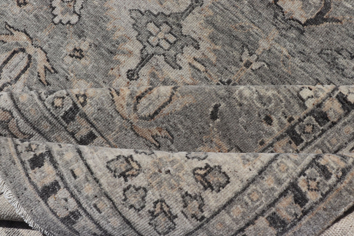 Large Faded Wool Indian Oushak Rug in Gray, Charcoal, and Light Taupe Measures 9'0 x 12'3 Country of Origin: India; Type: Oushak; Design: All - Over, Botanical, Floral; Keivan Woven Arts: rug IN - TVN - 1405; Large Faded Wool Indian Oushak ... - Keivan Woven ArtsIN - TVN - 1405 - 15470Rug