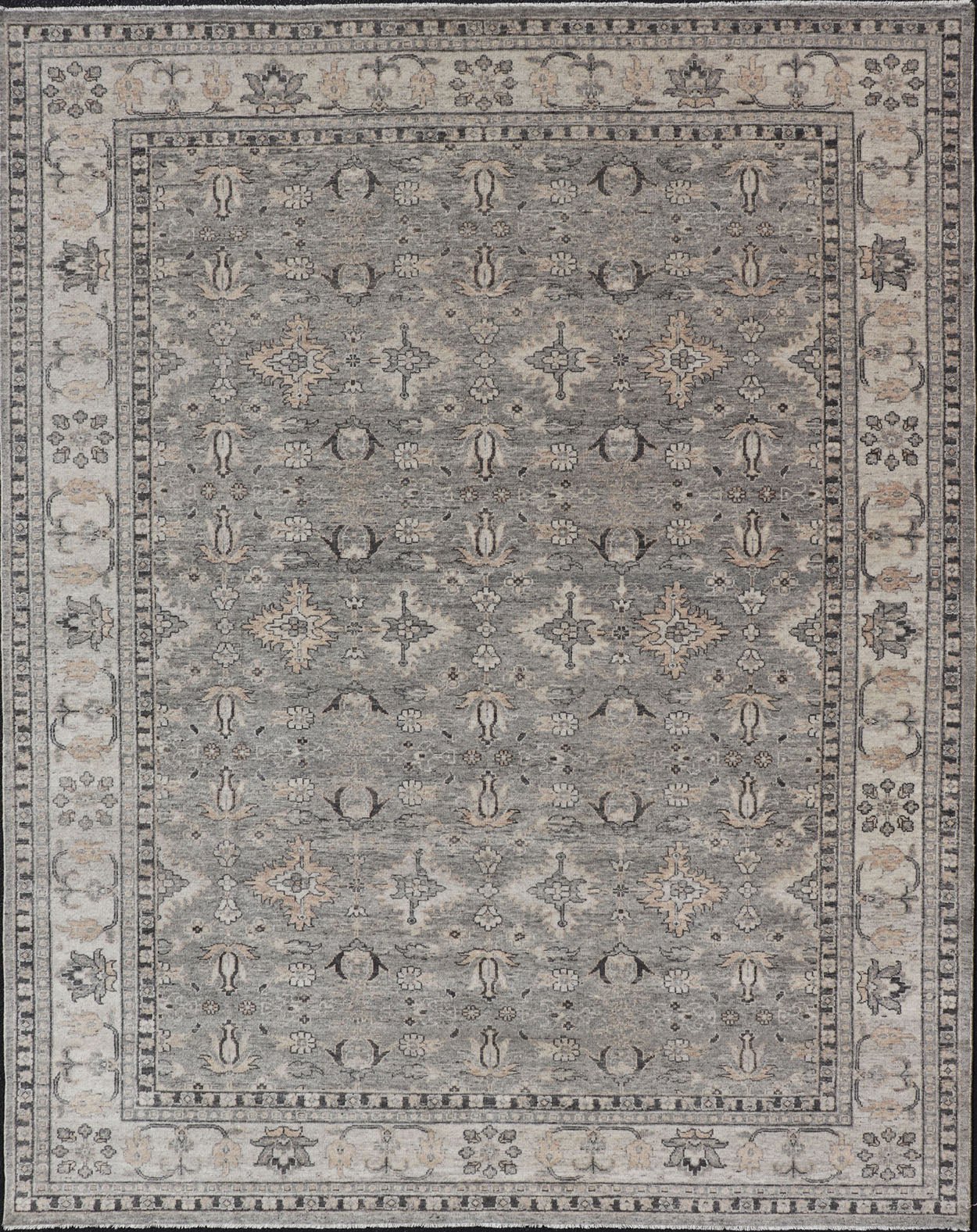 Large Faded Wool Indian Oushak Rug in Gray, Charcoal, and Light Taupe Measures 9'0 x 12'3 Country of Origin: India; Type: Oushak; Design: All - Over, Botanical, Floral; Keivan Woven Arts: rug IN - TVN - 1405; Large Faded Wool Indian Oushak ... - Keivan Woven ArtsIN - TVN - 1405 - 15470Rug