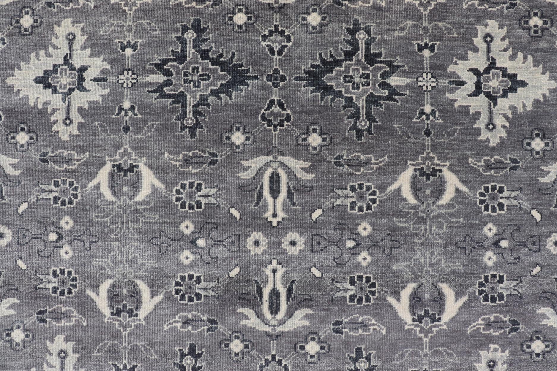 Floral Motif Khotan Area Rug by Keivan Woven Arts in Wool Measures 9'0 x 12'0 Country of Origin: India; Type: Khotan; Design: Floral, All - Over, Geometric Floral; Keivan Woven Arts; rug IN - TVN - 1457; Floral Motif Charcoal and Gray Muted Indian Kho... - Keivan Woven ArtsIN - TVN - 1457 - 15566Rug