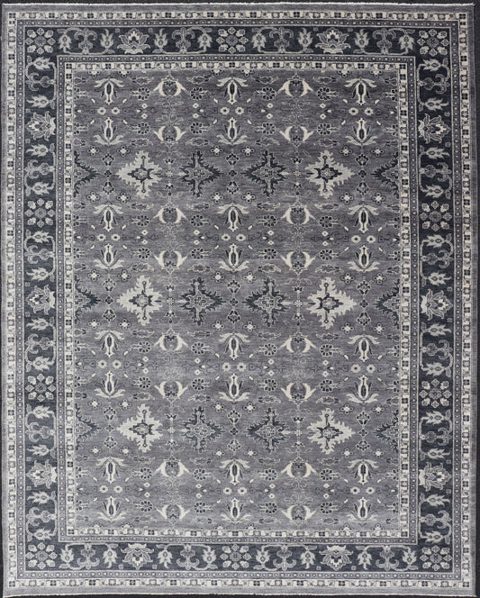 Floral Motif Khotan Area Rug by Keivan Woven Arts in Wool Measures 9'0 x 12'0 Country of Origin: India; Type: Khotan; Design: Floral, All - Over, Geometric Floral; Keivan Woven Arts; rug IN - TVN - 1457; Floral Motif Charcoal and Gray Muted Indian Kho... - Keivan Woven ArtsIN - TVN - 1457 - 15566Rug