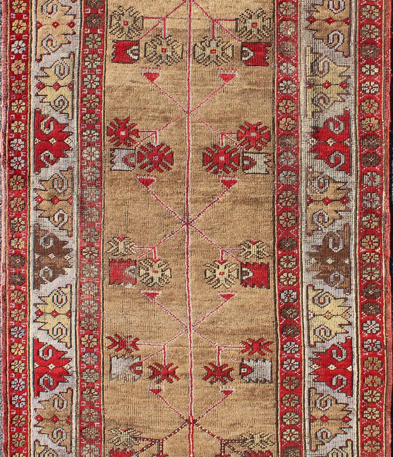 Tribal Design Antique Turkish Oushak Runner in Camel Background, Red & Gray. Multicolored antique Turkish Oushak runner with geometrics and flowers, Keivan Woven Arts / rug IS - 109, country of origin / type: Turkey / Oushak, circa 1920 Thi... - Keivan Woven ArtsIS - 109 - 2217Rug