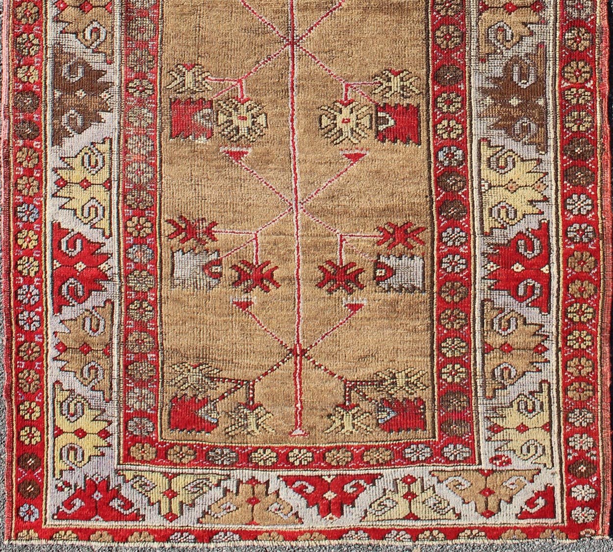 Tribal Design Antique Turkish Oushak Runner in Camel Background, Red & Gray. Multicolored antique Turkish Oushak runner with geometrics and flowers, Keivan Woven Arts / rug IS - 109, country of origin / type: Turkey / Oushak, circa 1920 Thi... - Keivan Woven ArtsIS - 109 - 2217Rug