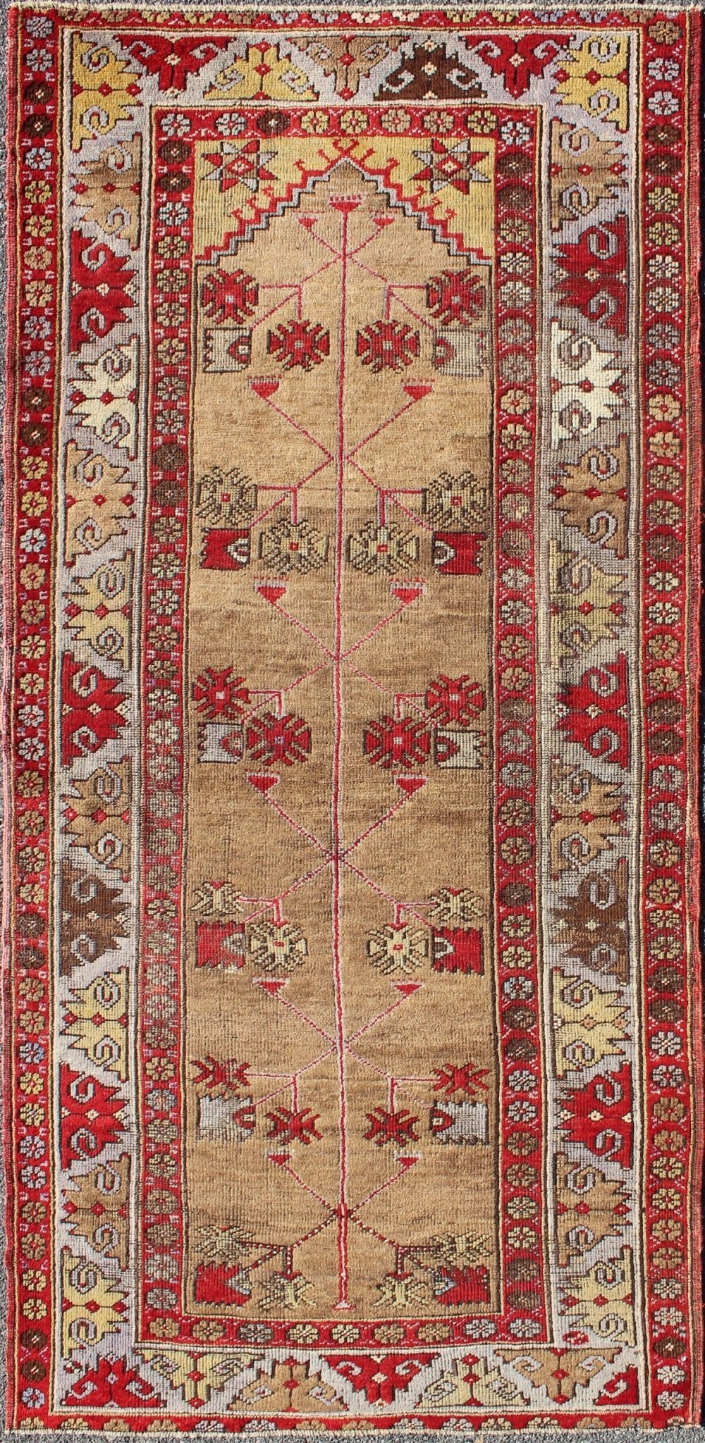 Tribal Design Antique Turkish Oushak Runner in Camel Background, Red & Gray. Multicolored antique Turkish Oushak runner with geometrics and flowers, Keivan Woven Arts / rug IS - 109, country of origin / type: Turkey / Oushak, circa 1920 Thi... - Keivan Woven ArtsIS - 109 - 2217Rug