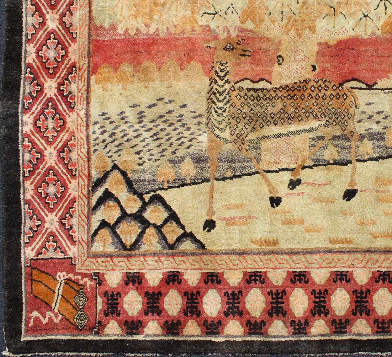 Antique Chinese Pictorial Rug with Deer and Crane Figures. Measures: 5' x 7'7. This enchanting east Chinese rug incorporates five symbols of longevity: the deer, the crane, a tree, rocks and water. Originally of Chinese origin, the symbols took o... - Keivan Woven ArtsJ10 - 0302 - 1833Rug
