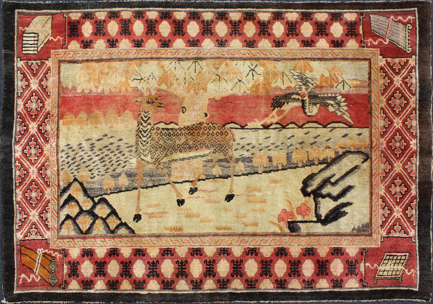 Antique Chinese Pictorial Rug with Deer and Crane Figures. Measures: 5' x 7'7. This enchanting east Chinese rug incorporates five symbols of longevity: the deer, the crane, a tree, rocks and water. Originally of Chinese origin, the symbols took o... - Keivan Woven ArtsJ10 - 0302 - 1833Rug