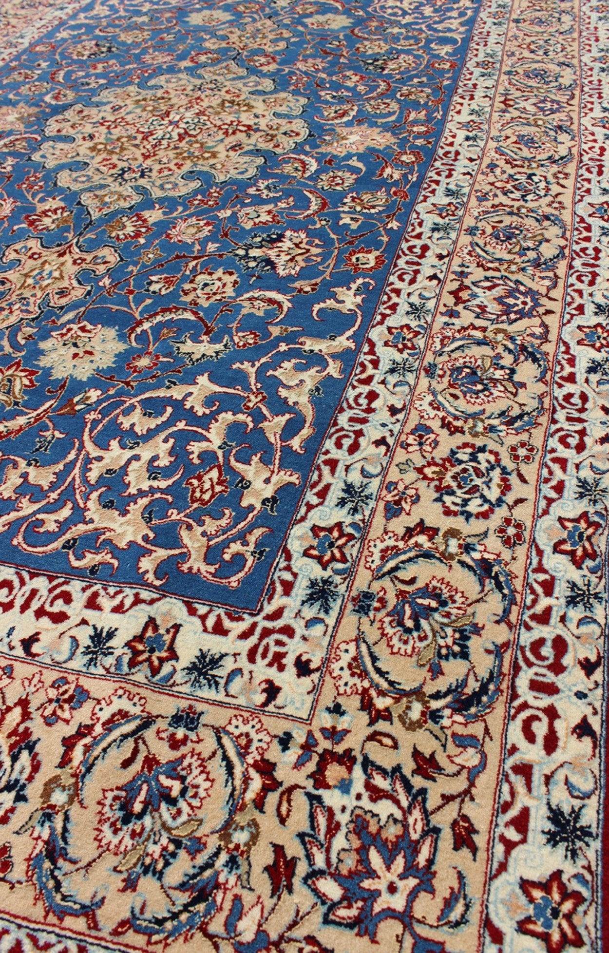Very Fine Silk & Wool Isfahan Rug in Persian Blue. Isfahan very fine fine rug in silk foundation. Blue Persian vintage Isfahan carpet with intricate and detailed floral elements, rug j10 - 0607, country of origin / type: Iran / Isfahan, circa 195... - Keivan Woven ArtsJ10 - 0607 - 1289Rug
