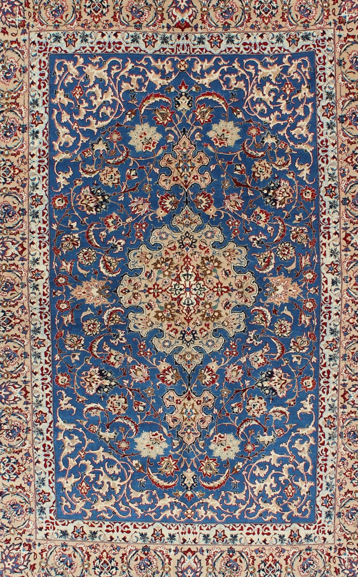 Very Fine Silk & Wool Isfahan Rug in Persian Blue. Isfahan very fine fine rug in silk foundation. Blue Persian vintage Isfahan carpet with intricate and detailed floral elements, rug j10 - 0607, country of origin / type: Iran / Isfahan, circa 195... - Keivan Woven ArtsJ10 - 0607 - 1289Rug