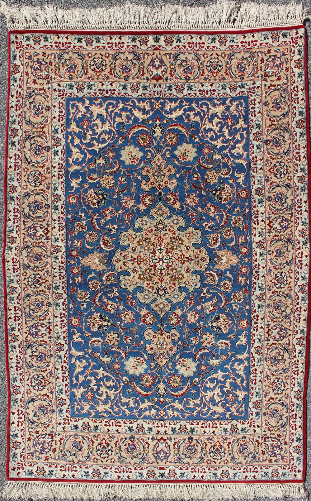 Very Fine Silk & Wool Isfahan Rug in Persian Blue. Isfahan very fine fine rug in silk foundation. Blue Persian vintage Isfahan carpet with intricate and detailed floral elements, rug j10 - 0607, country of origin / type: Iran / Isfahan, circa 195... - Keivan Woven ArtsJ10 - 0607 - 1289Rug