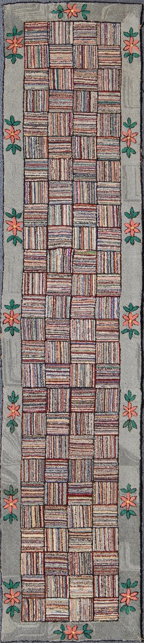 Antique American Hooked runner with colorful patchwork design, rug j10 - 1002, country of origin / type: United States / Hooked, circa 1920. This vintage American Hooked rug depicts a beautiful patchwork design in a variety of colors. The entirety... - Keivan Woven ArtsJ10 - 1002 - 2487Rug